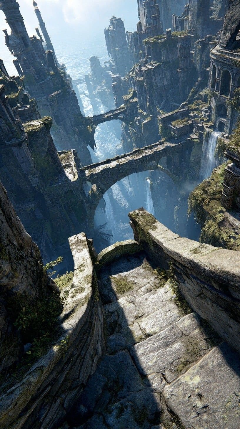 The image presents a sweeping, high-angle view of a colossal, weathered stone cityscape perched precariously above a vast, churning body of water. Massive archways and crumbling towers, draped in moss and ivy, suggest ancient ruins reclaimed by nature, with cascading waterfalls adding dynamic movement to the scene. The composition leads the viewer’s eye along a worn stone pathway descending into the abyss, emphasizing scale and the passage of time. The art employs photorealistic rendering with meticulous attention to texture, light, and shadow, creating an immersive, atmospheric environment. The overall mood is one of serene grandeur and quiet mystery, evoking awe at the scale of decay and resilience.