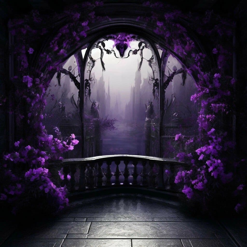 The image depicts a mysterious, atmospheric archway framed by dense, vibrant purple flowering vines that cascade over dark stone architecture. Through the arch, a foggy, ethereal cityscape with tall, spire-like structures emerges under a soft, diffused light, suggesting a magical or fantasy realm. A curved stone bench sits in the foreground, inviting contemplation, while the floor reflects subtle ambient light, enhancing the scene's depth. The artwork employs rich, painterly textures and layered lighting to create a dreamlike, tranquil mood. The overall composition evokes a sense of quiet wonder and mystery, with a focus on color harmony and atmospheric perspective.