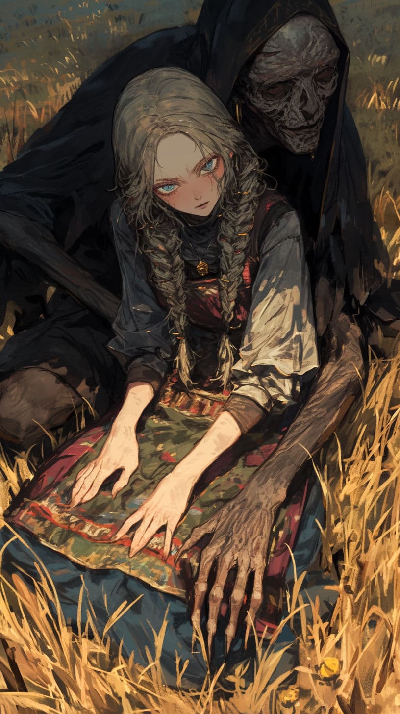 The image portrays a young girl with long, braided silver hair and pale skin, seated in a field of golden wheat, wearing a layered, patterned dress with a dark, long-sleeved outer garment. Behind her looms a skeletal, hooded figure, suggesting a grim reaper or death motif, with bony hands resting near her. The girl’s expression is calm and slightly melancholic, with glowing red eyes, contrasting with the somber, desaturated tones of the background. The artwork employs detailed linework and soft shading to create a haunting, atmospheric mood. The composition is centered, with the girl as the focal point, surrounded by the tall, sunlit grass that adds depth and texture to the scene. The lighting is natural daylight from the front, casting gentle shadows and highlighting the intricate details of the clothing and character features.