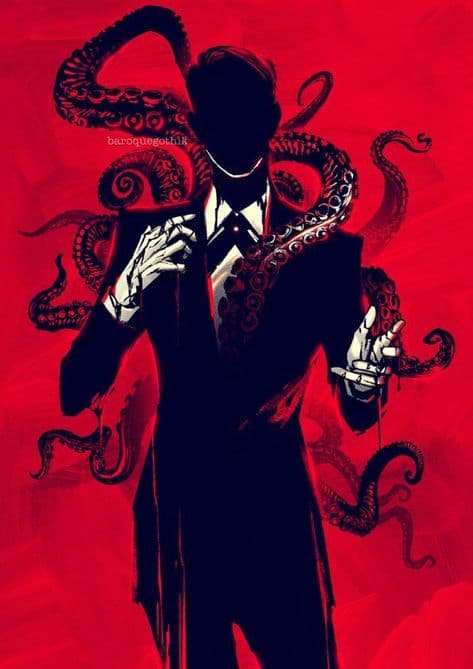 The image depicts a stylized silhouette of a humanoid figure in a formal black suit, white shirt, and tie, with a white choker, set against a vibrant red background. Multiple dark, detailed octopus tentacles emerge from behind and around the figure, wrapping around its torso and arms, with visible suction cups and flowing forms. The figure's face is obscured by shadow, creating an enigmatic and mysterious presence, while its hands are visible in a poised, almost ceremonial gesture. The artwork employs bold, graphic linework and dramatic contrast, emphasizing the surreal fusion of human and sea creature. The overall tone is ominous and theatrical, suggesting themes of power, control, or transformation, with a strong visual impact created by the saturated red backdrop and stark black-and-white contrast.