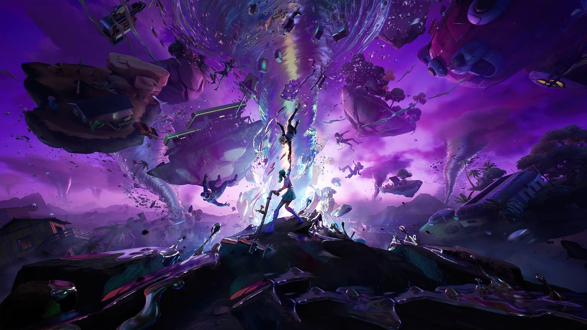 The image depicts a lone female character standing atop a jagged, dark rock formation, silhouetted against a massive, swirling vortex of purple and blue energy. She is clad in a form-fitting, light-blue outfit with glowing accents, suggesting advanced technology or magical abilities. Her posture is dynamic, with one arm raised as if channeling power, while her other hand grips a staff or weapon. The background is a chaotic, surreal landscape of floating debris, buildings, and twisted trees, all suspended in mid-air by the cosmic energy. The scene is rendered with high detail, featuring volumetric lighting and dramatic perspective, conveying a sense of epic scale and impending cosmic upheaval. The overall tone is awe-inspiring and adventurous, with a blend of fantasy and sci-fi elements.