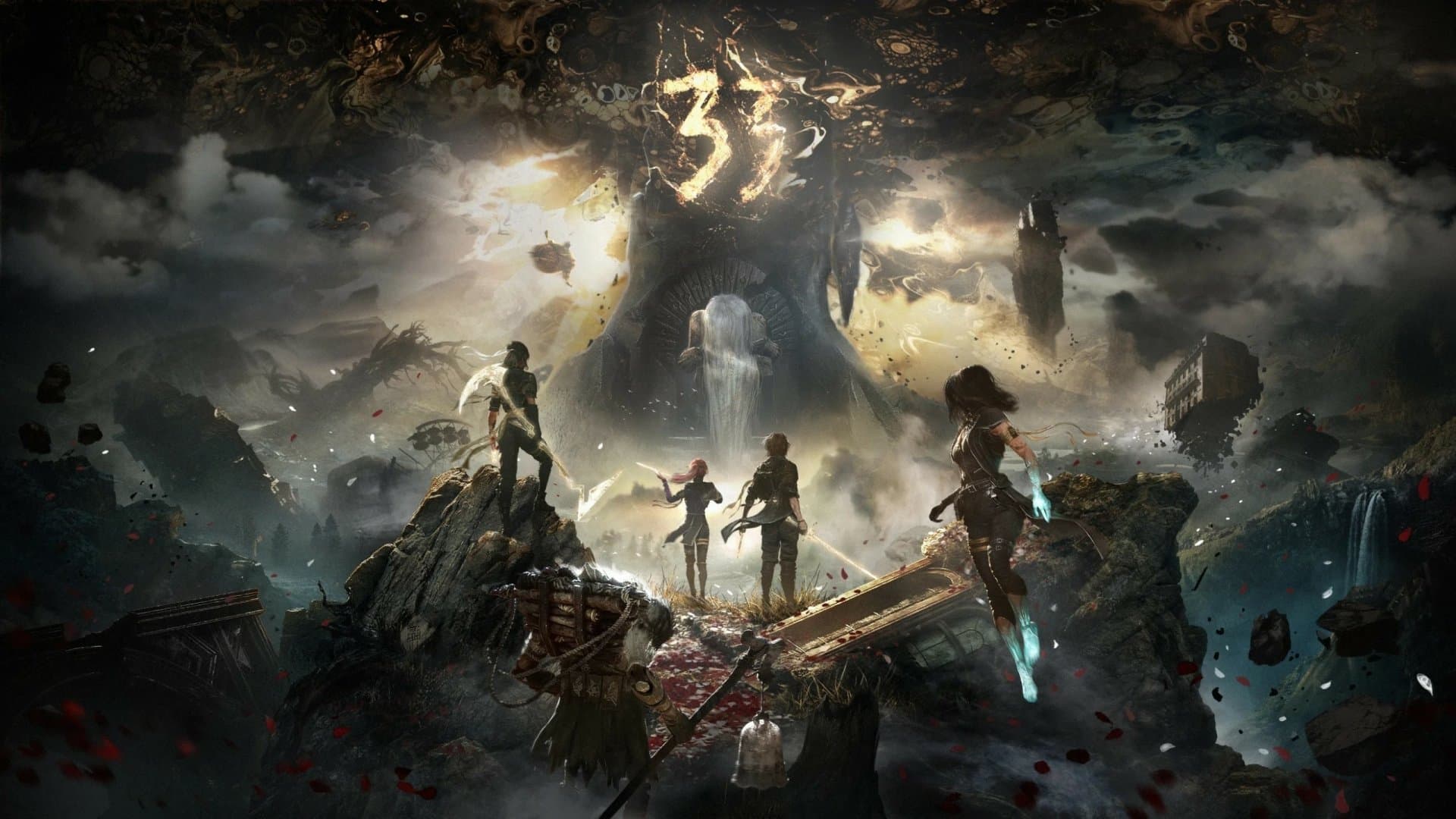 The image depicts a dramatic fantasy battle scene set in a shattered, post-apocalyptic landscape with floating ruins and cascading waterfalls. Four distinct characters stand on broken terrain, each wielding weapons and glowing with magical energy, suggesting a climactic confrontation. Behind them looms a colossal, ancient tree-like structure with glowing runes, emitting radiant light that illuminates the chaotic sky filled with debris and smoke. The art style employs high-contrast lighting and detailed textures to convey epic scale and emotional intensity, with a focus on dynamic composition and atmospheric depth. The overall mood is epic and awe-inspiring, evoking themes of heroism, destruction, and rebirth within a mythic world.