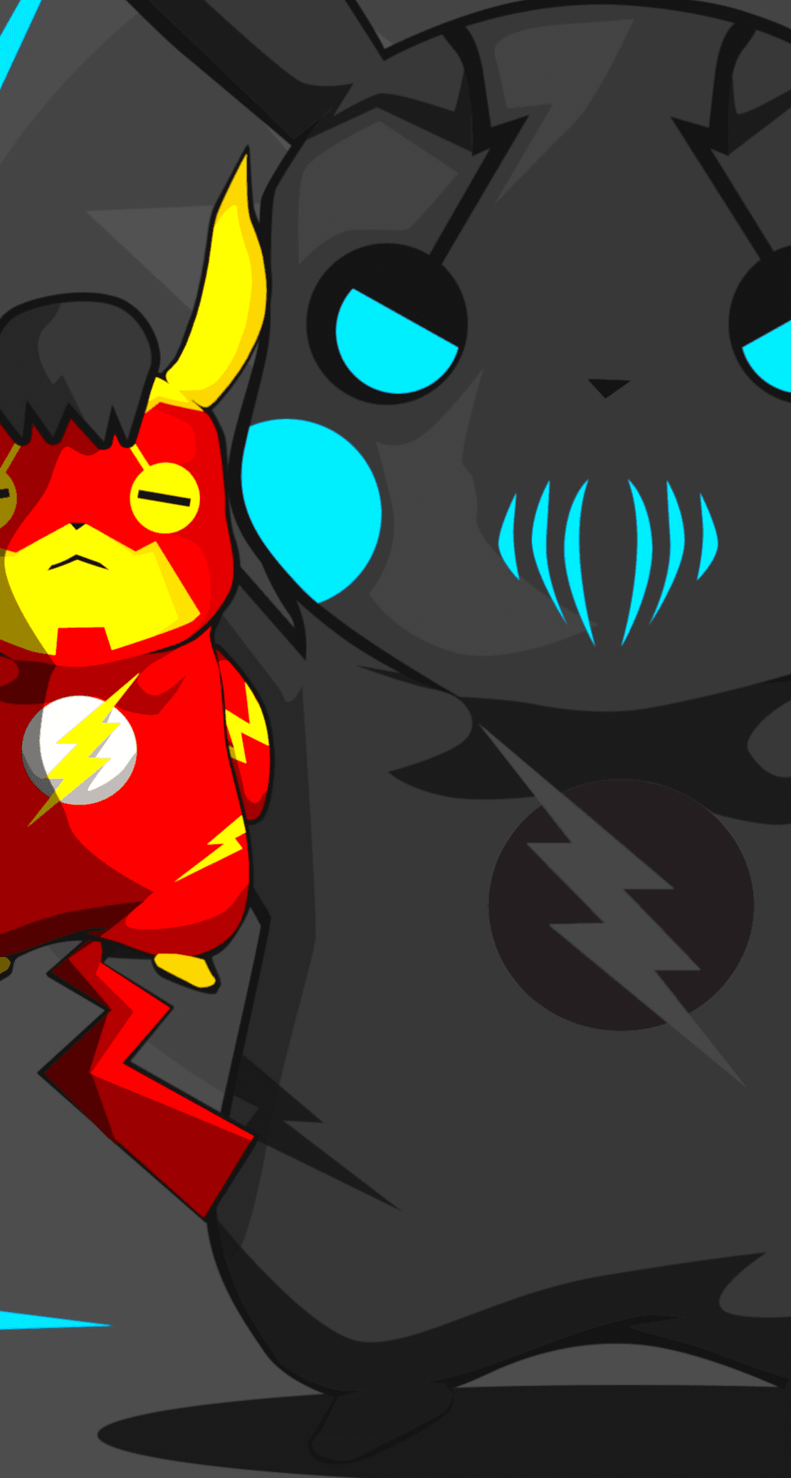 This digital illustration features a creative crossover between the Pokémon Pikachu and the DC Comics character The Flash. Two stylized Pikachu figures are depicted: a smaller one in the foreground wearing the classic red and yellow Flash suit, and a much larger, imposing figure in the background representing the villainous Zoom or Black Flash. The smaller Pikachu has a determined, serious expression with a black hair tuft, while the larger background figure is rendered in dark charcoal tones with glowing cyan eyes and electric blue mouth details. The artwork uses clean, vector-style lines and flat cel shading to create a modern, graphic look. The composition is a vertical medium shot that emphasizes the scale difference between the two characters, creating a sense of rivalry or looming threat. The overall atmosphere is intense and heroic, blending pop culture icons into a sleek, minimalist wallpaper design.
