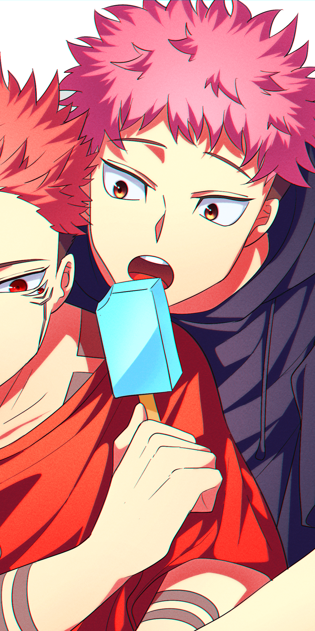 The image features two male characters with spiky pink hair, one appearing to be Yuji Itadori and the other Ryomen Sukuna from Jujutsu Kaisen. The central figure is wearing a dark, oversized hoodie and is leaning forward with an open mouth to take a bite of a light blue popsicle. The character in the foreground is dressed in a vibrant red t-shirt, holding the popsicle stick while looking toward the viewer with a sharp, intense gaze. The artwork utilizes a clean, modern digital style with bold cel-shading and a subtle chromatic aberration effect on the edges. The background is a minimalist white, which makes the saturated reds, pinks, and blues of the characters pop. The overall mood is casual and playful yet carries a hint of the characters' supernatural intensity.