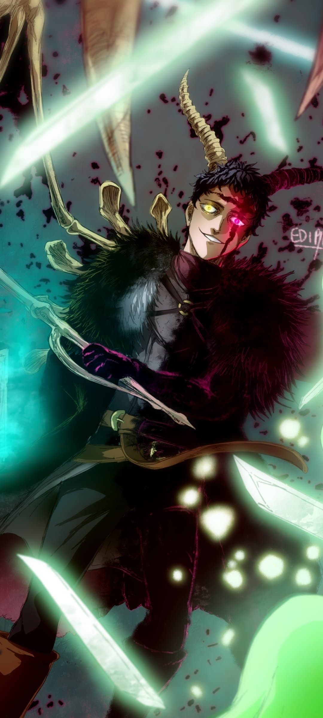 The image features Zenon Zogratis from Black Clover, depicted in a powerful and menacing stance. He wears a high-collared dark tunic layered with a thick, textured fur mantle and a leather harness, fully covering his torso and limbs. His appearance is marked by demonic features, including a singular curved horn and heterochromatic eyes—one glowing yellow and the other a piercing magenta surrounded by dark markings. He is surrounded by his signature bone magic, with sharp, skeletal structures and glowing green energy blades swirling around him. The artistic style uses heavy ink lines and a painterly digital coloring technique that emphasizes the chaotic energy of the scene. The overall atmosphere is dark, intense, and intimidating, reflecting a high-stakes battle scenario.