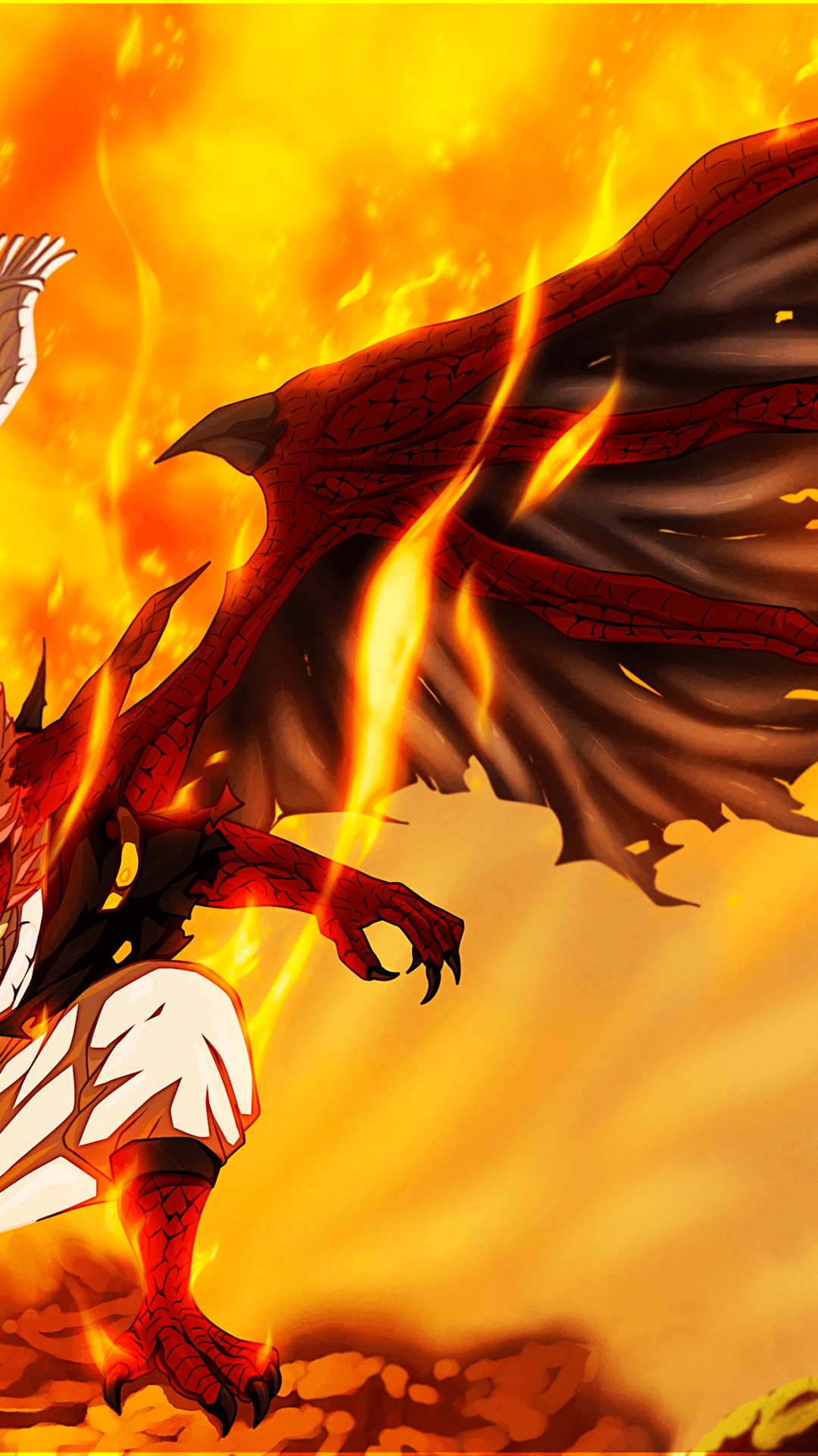 The image features a powerful draconic humanoid character, likely Natsu Dragneel in his Dragon Force or partial transformation state, characterized by red scales and large leathery wings. The subject is depicted in a dynamic, low-crouched combat stance with sharp claws extended and a focused, aggressive posture. He is wearing white baggy trousers and a dark vest, with his limbs showing significant draconic mutation including scaled skin and talons. The background is a chaotic and intense inferno, filled with bright yellow and orange flames that create a sense of extreme heat and power. The artistic style utilizes sharp line work and vibrant cel-shading to emphasize the textures of the scales and the fluidity of the fire. The overall atmosphere is epic and high-energy, conveying a sense of intense battle and supernatural strength.