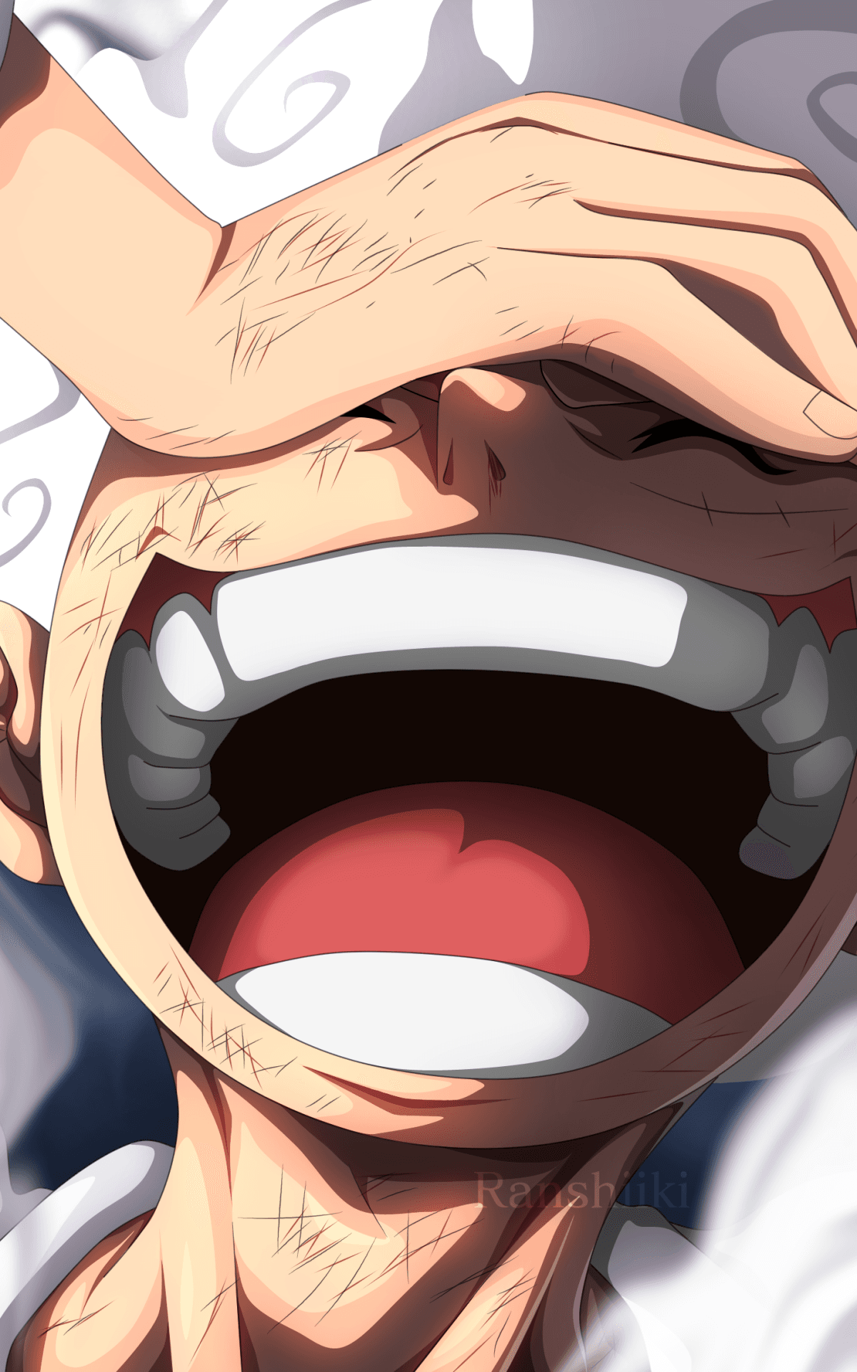 The image features an extreme close-up of Monkey D. Luffy in his Gear 5 transformation from One Piece. He is depicted with a wide, joyful laugh, his mouth open large enough to show his tongue and teeth, while his hand is placed over his forehead in a classic 'laughing boy' pose. His hair and eyebrows are a brilliant, swirling white, characteristic of this specific form, and his skin shows subtle battle scars and hatch-mark shading. The background is minimalist, consisting of soft, ethereal white smoke or clouds that blend into the character's hair. The artistic technique utilizes sharp cel-shading with high-contrast lighting that emphasizes the muscularity of the neck and the depth of the mouth. The overall atmosphere is one of pure, unbridled joy and liberation, capturing the 'Warrior of Liberation' theme with high emotional intensity.