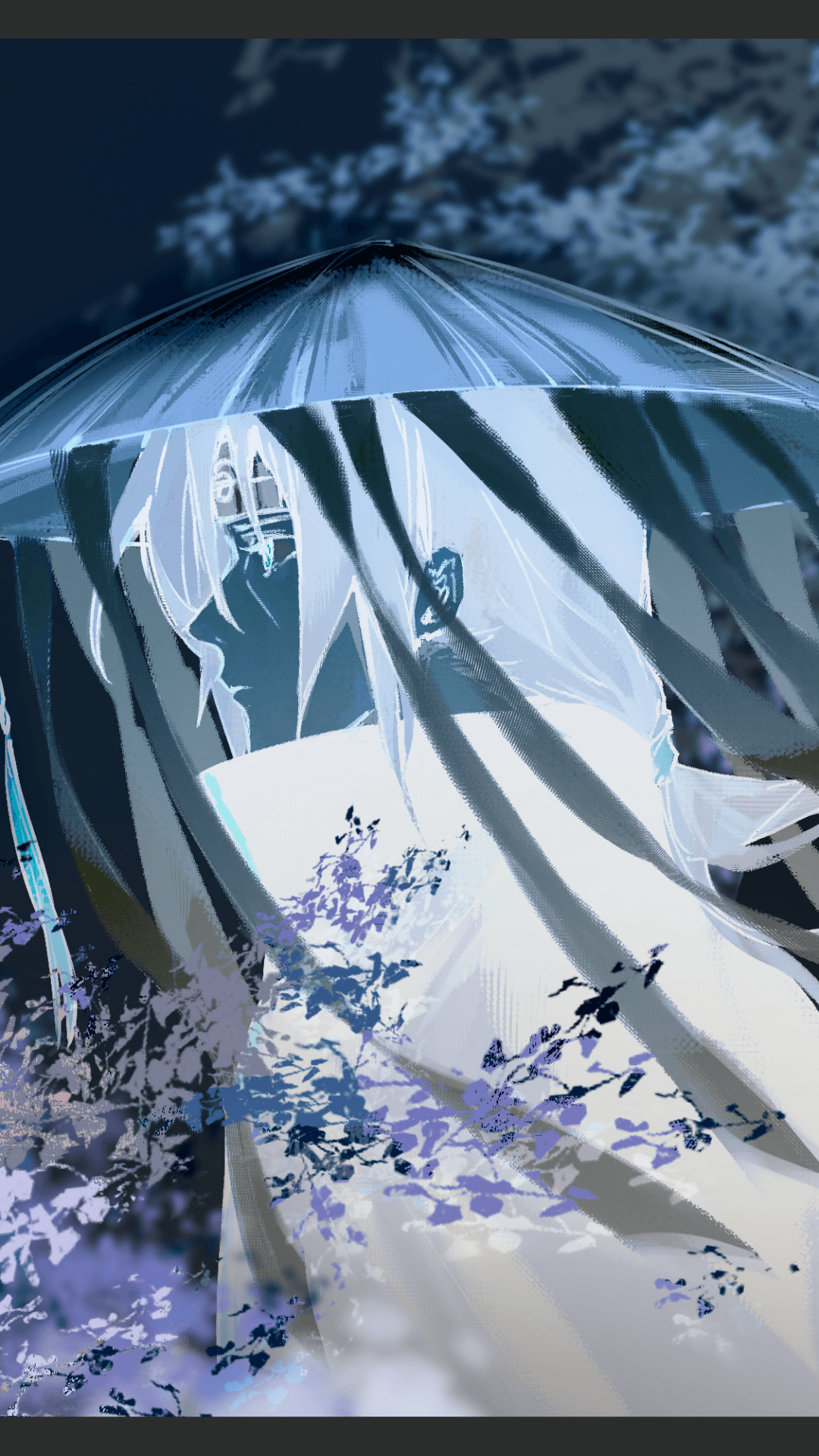 The image features a character with long, flowing white hair wearing a traditional wide-brimmed conical hat with hanging fabric veils. The character is dressed in a high-collared, layered white garment that appears to be a traditional robe or hanfu, providing complete coverage. They are positioned in a profile view, partially obscured by the dark ribbons or veils descending from the hat, creating a sense of mystery. The setting is a moonlit or nighttime garden filled with delicate purple and blue flora that frame the bottom of the composition. The art style uses a painterly digital technique with visible brushstrokes and a focus on light and shadow rather than hard outlines. The overall atmosphere is ethereal, calm, and deeply melancholic, emphasized by the cool color palette and soft lighting.