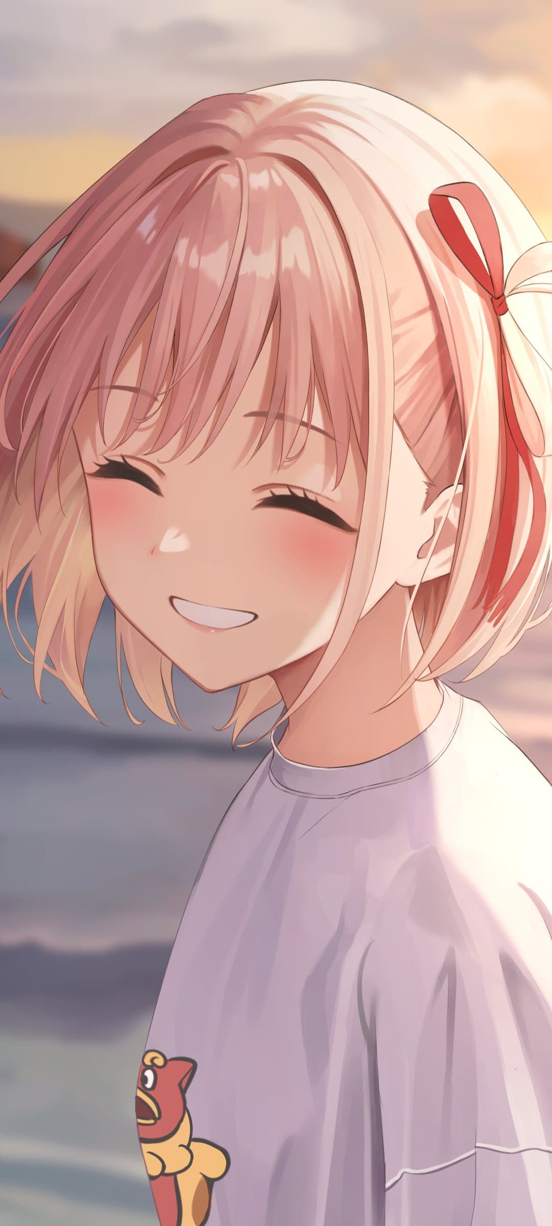 The image features a young girl with short, light pink hair adorned with a small red ribbon, wearing a modest, oversized light purple t-shirt with a small cartoon graphic. She is depicted in a joyful, candid pose with her eyes closed in a bright smile, radiating a sense of pure happiness. The setting appears to be an outdoor coastal environment during the golden hour, with a soft, blurred background suggesting a beach or waterfront. The artistic technique utilizes clean digital lines and soft cel-shading, with a strong emphasis on warm, natural lighting that creates a gentle rim light effect on her hair. The overall atmosphere is incredibly peaceful, wholesome, and heartwarming, capturing a fleeting moment of innocent joy. The composition uses a medium portrait shot that focuses entirely on the character's expressive face and cheerful demeanor.