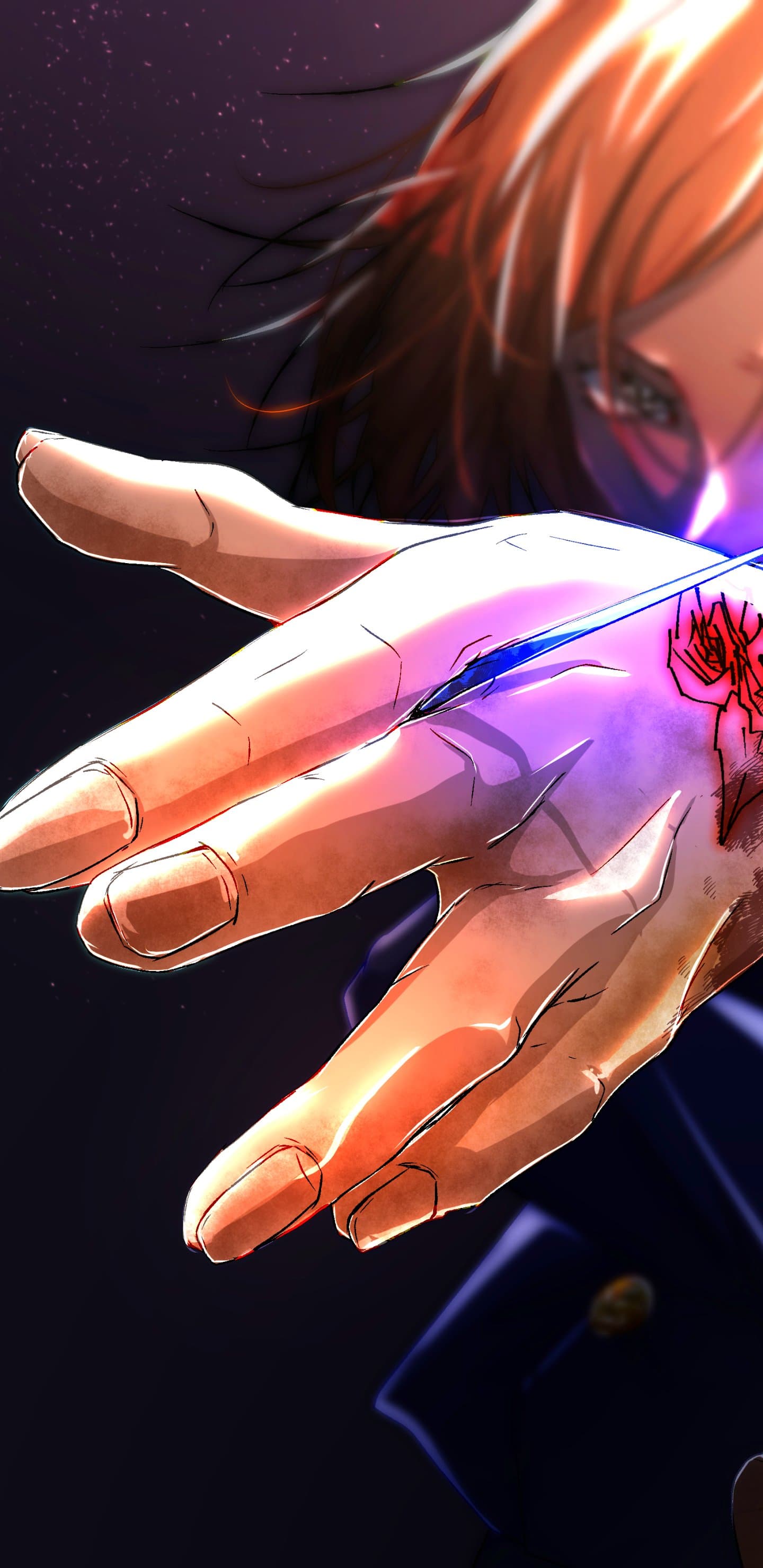 The image features a dramatic close-up of a character's hand reaching toward the viewer, with the character's face partially visible in the blurred background. The hand is intricately detailed with sharp line work and a distinctive red rose-like mark or tattoo on the back of the hand. The character appears to be wearing a dark, high-collared uniform, typical of a student or sorcerer, with a visible gold button. A striking blue and purple energy effect or light streak cuts across the hand, suggesting the use of supernatural power or a magical technique. The artistic style utilizes high-contrast lighting with warm orange highlights on the skin and cool purple shadows, creating a sense of depth and intensity. The overall atmosphere is serious and powerful, capturing a moment of focused action or the activation of an ability.