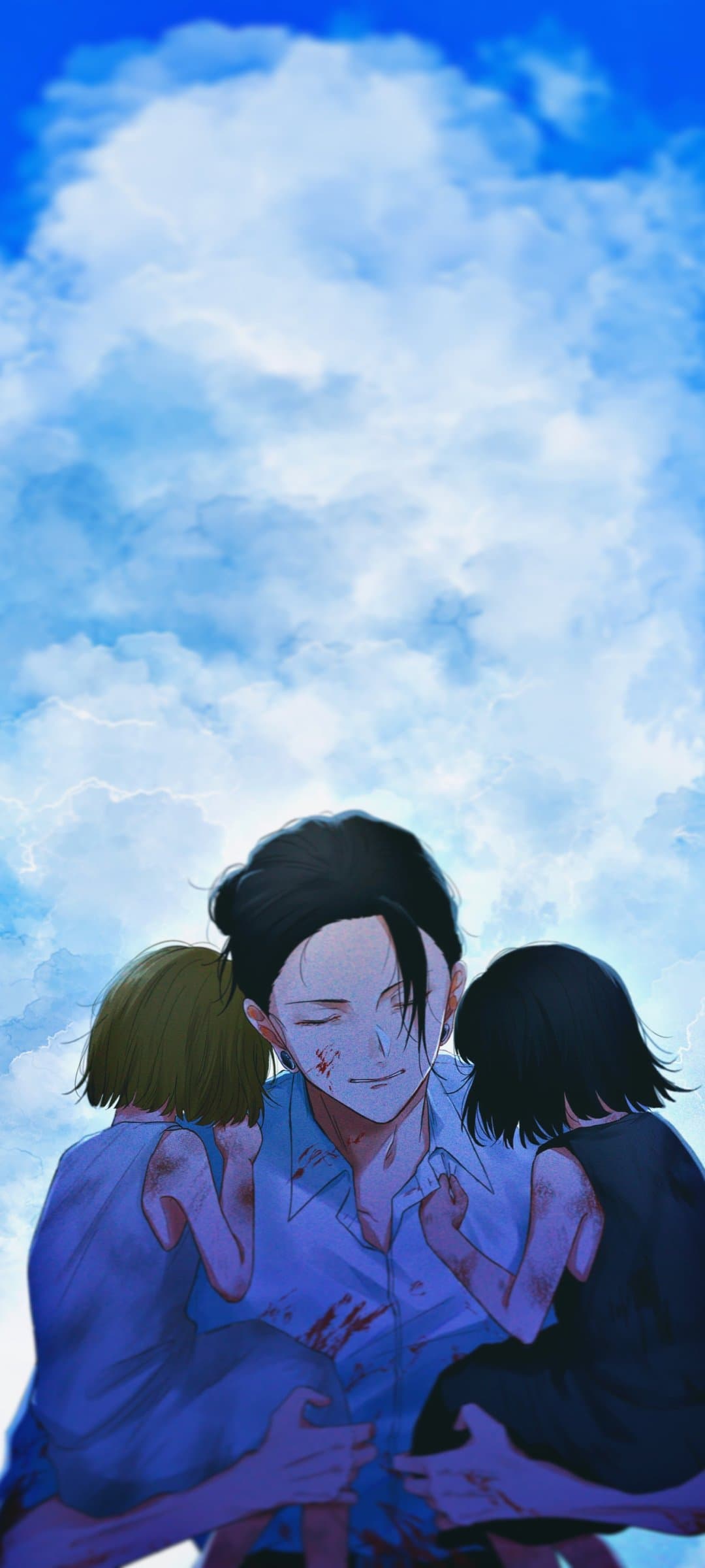 The image features a central male figure with long dark hair tied back, holding two young children in his arms. He wears a light-colored button-down shirt that is stained with blood, and his face bears similar marks, yet he maintains a serene and gentle smile with closed eyes. The two children, one with blonde hair and one with black hair, are seen from behind, clinging to him for comfort. The setting is an expansive, bright blue sky filled with soft, towering white clouds that dominate the upper two-thirds of the frame. The artistic style utilizes clean digital lines with a painterly approach to the clouds, creating a stark contrast between the gritty, blood-stained subjects and the heavenly background. The overall atmosphere is one of bittersweet relief and protective love, suggesting a moment of peace following a violent or traumatic event.