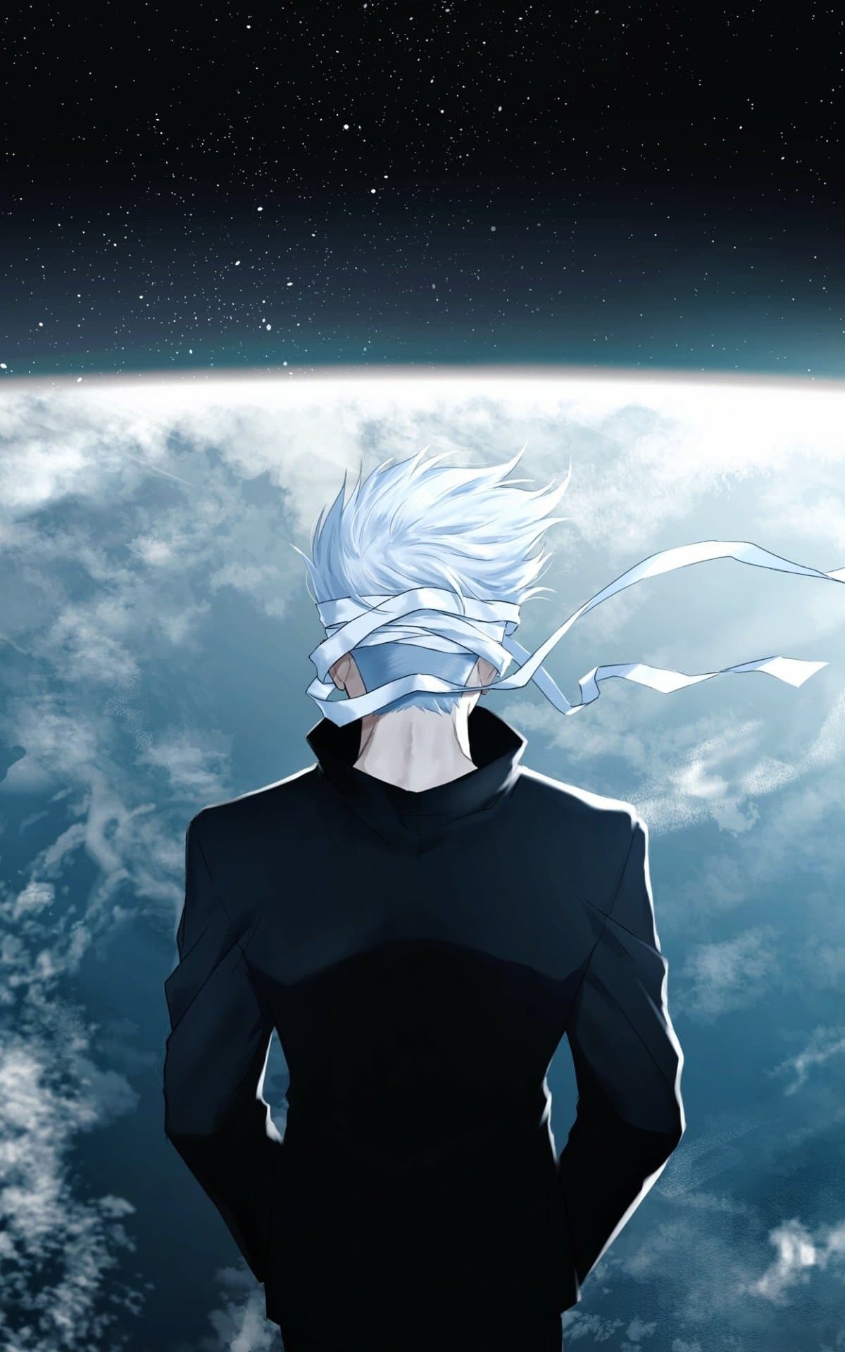 The image features a male character with spiky white hair, viewed from behind, wearing a high-collared black jacket or uniform. His head is wrapped in multiple layers of white bandages that trail off into the wind, obscuring his eyes and face. He stands in a contemplative, stationary pose overlooking the curvature of a planet from a high-altitude or orbital perspective. The background transitions from a bright, cloud-filled atmosphere to the deep black of space, dotted with distant stars. The artistic style uses sharp digital lines and soft gradients to create a sense of vastness and isolation. The overall mood is epic and melancholic, suggesting a moment of profound solitude or a cosmic-scale responsibility.