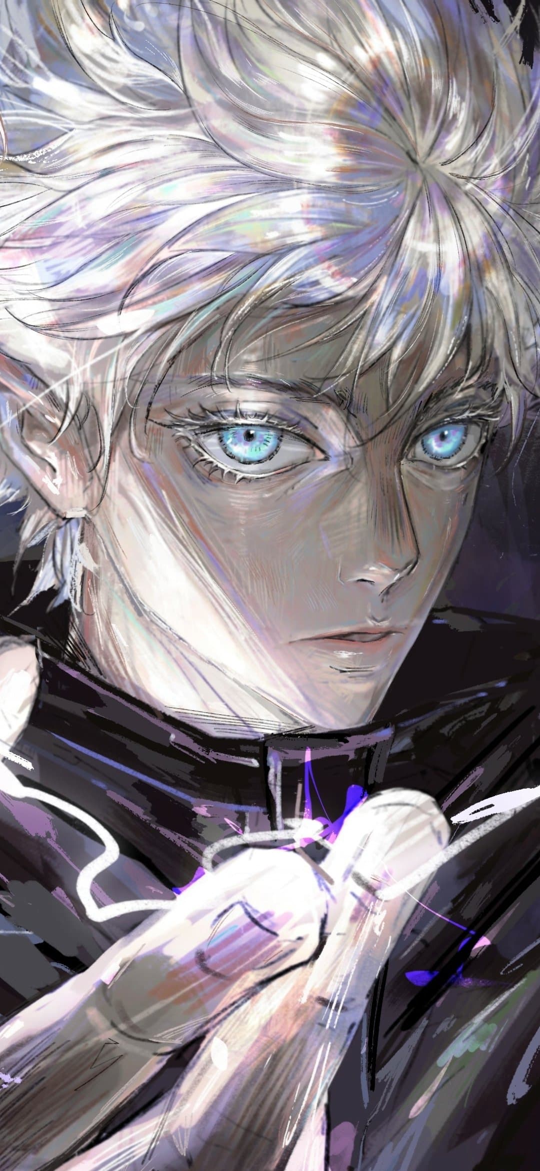 This high-detail digital portrait features Satoru Gojo from Jujutsu Kaisen, characterized by his striking white hair and luminous blue eyes. He is wearing his signature high-collared dark sorcerer uniform, which provides full coverage and emphasizes a professional yet mysterious aesthetic. The character is depicted in a focused, intense pose, with his hand partially visible in the foreground as if preparing a technique. The artistic style is painterly and expressive, utilizing iridescent highlights and prismatic color shifts within the hair and eyes to create a supernatural glow. The background is dark and abstract, ensuring the viewer's attention remains entirely on the character's piercing gaze and the dynamic lighting. The overall atmosphere is one of immense power and calm intensity, capturing a moment of serious concentration.