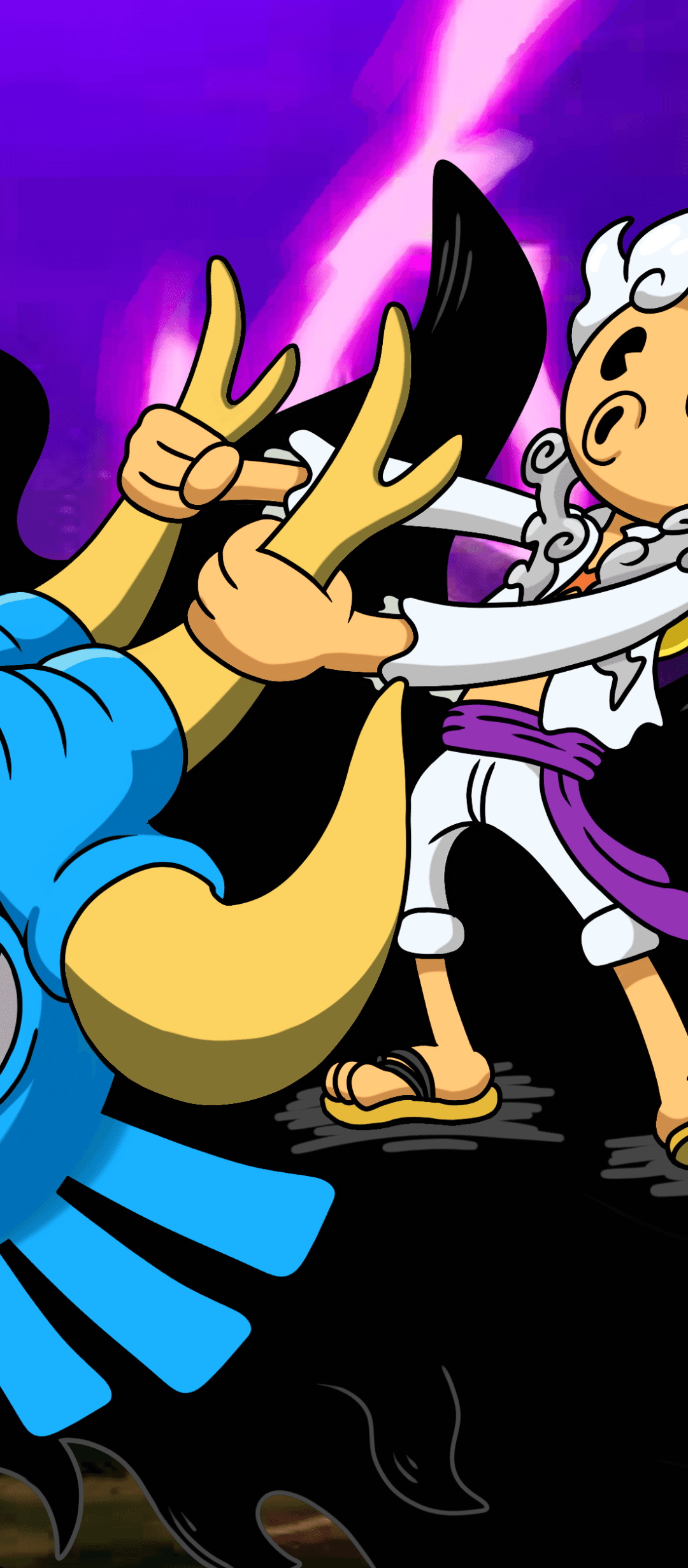 This dynamic digital illustration depicts a stylized battle between two iconic characters in a whimsical, rubber-hose animation style. On the right, a character with white hair and a matching white outfit, including a sash and sandals, is shown in a playful yet intense pose, grabbing the large yellow horns of his opponent. The opponent on the left is partially visible, characterized by massive curved horns and a blue garment. The background is a dramatic display of vibrant purple and pink lightning against a dark, shadowy environment, emphasizing the high stakes of the encounter. The art style utilizes bold, thick outlines and flat cel-shading, reminiscent of early 20th-century cartoons merged with modern anime aesthetics. The overall mood is energetic and surreal, capturing a moment of chaotic action with a lighthearted, almost comedic undertone.