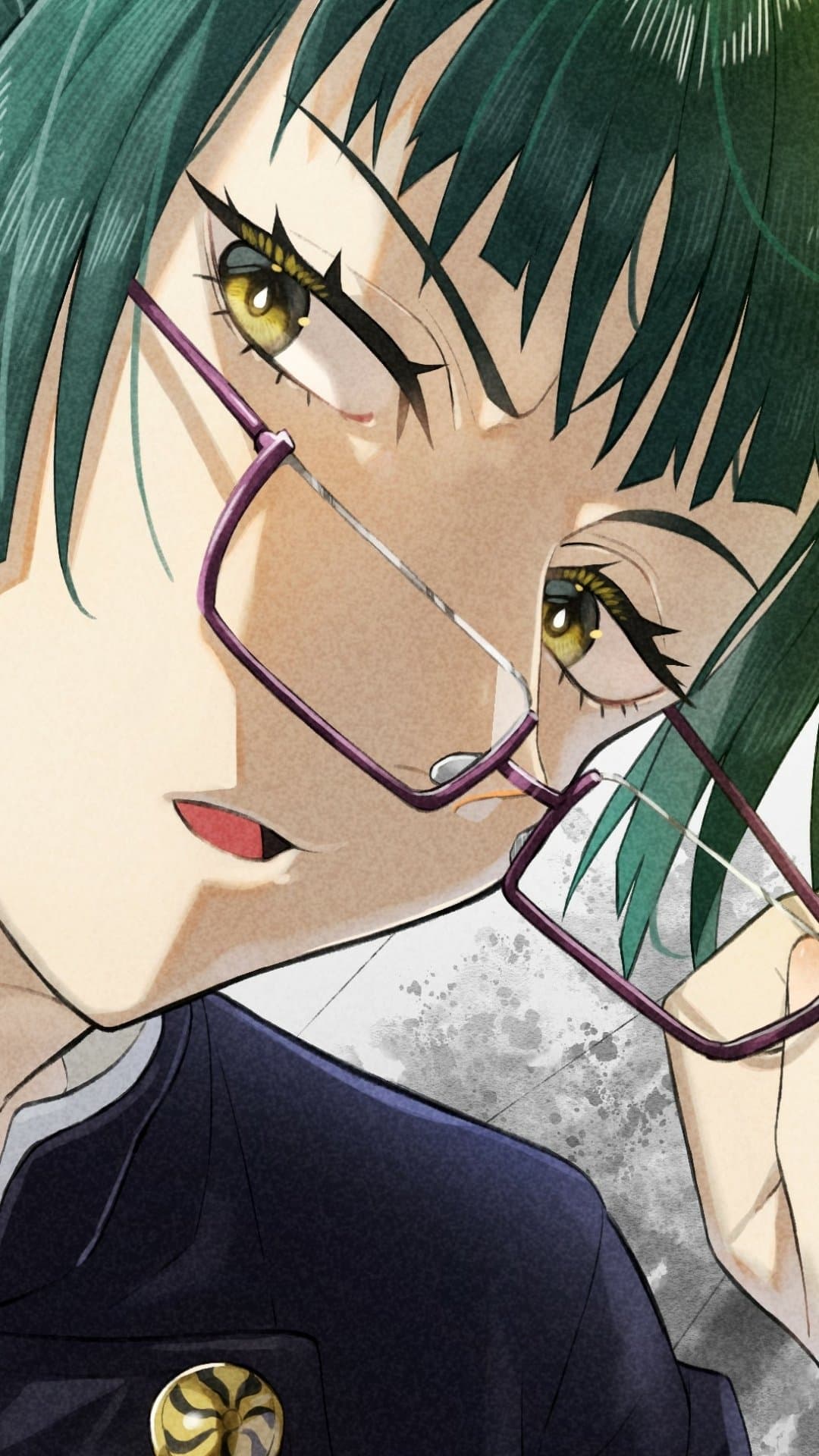 The image features a close-up portrait of Maki Zenin from Jujutsu Kaisen, characterized by her dark green hair and sharp, golden-hazel eyes. She is wearing her signature high-collared dark navy jujutsu high uniform, which is fully buttoned and features a gold swirl emblem. The character is depicted in a dynamic, tilted pose, looking directly at the viewer while adjusting her thin-framed purple glasses with her hand. The background is a minimalist, textured grey surface with subtle splatters, suggesting an urban or concrete environment. The artistic style utilizes a painterly digital technique with visible paper-like textures and fine line work, creating a sophisticated and modern aesthetic. The overall mood is confident and intense, reflecting the character's strong-willed and determined personality.