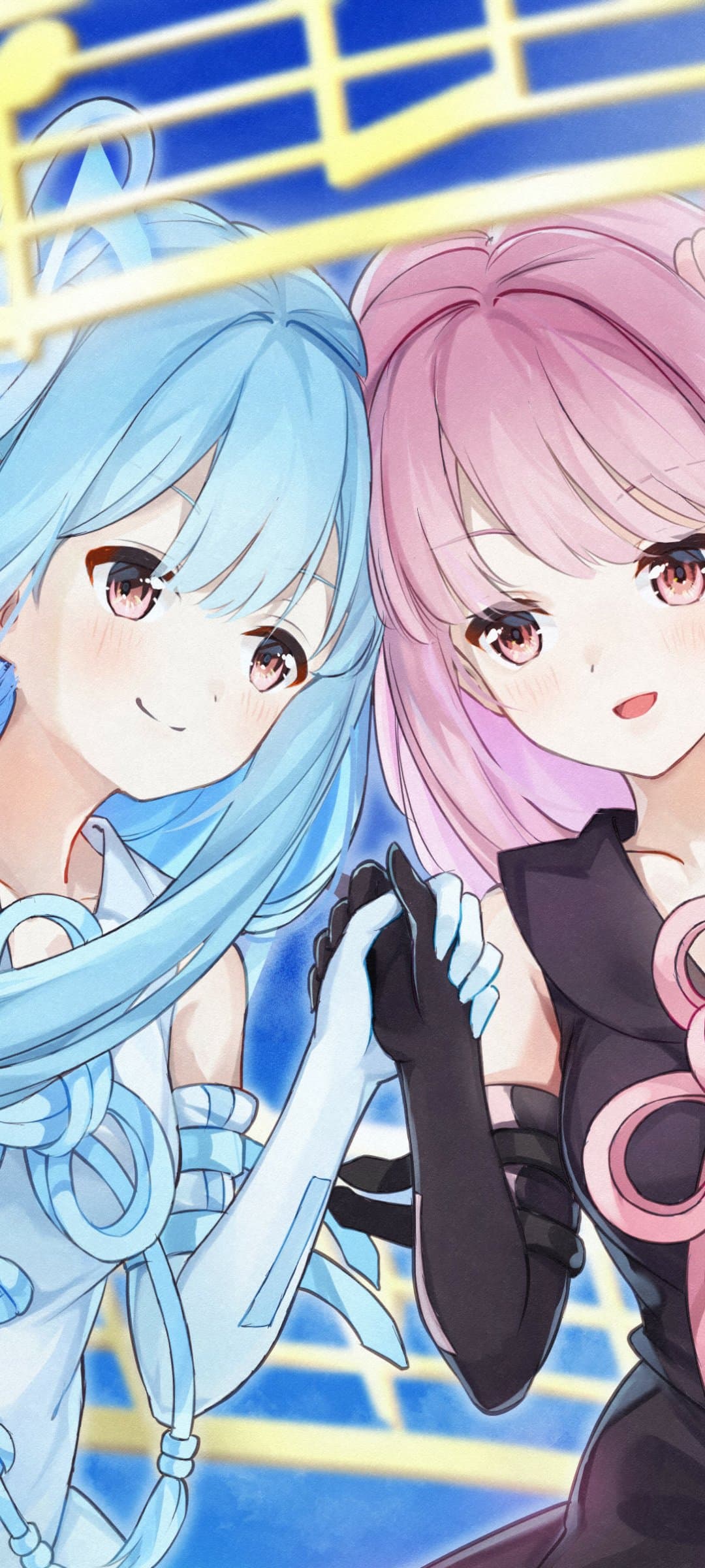 The image features two young female characters with vibrant blue and pink hair, respectively, positioned closely together in a friendly embrace. They are wearing stylized, modest outfits with high necklines and long gloves that cover their arms, one in white and the other in black. The characters are holding hands in the center of the frame, looking directly at the viewer with gentle, smiling expressions. The background is a soft blue gradient overlaid with golden musical staff lines and notes, suggesting a musical or idol-themed setting. The art utilizes a clean, modern digital style with soft shading and a subtle paper-like texture overlay. The overall atmosphere is wholesome, peaceful, and celebratory of friendship.