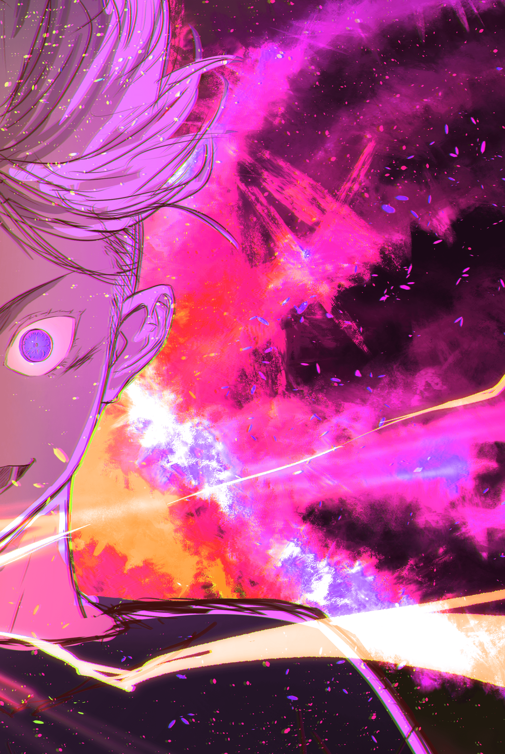 The image features a close-up, partial profile of a male character with spiky, light-colored hair and a strikingly detailed purple eye. He is wearing a dark, high-collared garment that covers his neck and torso, suggesting a uniform or tactical attire. The character is positioned on the left side of the frame, looking slightly toward the viewer with an intense, focused expression. The background is an explosive display of vibrant pink, purple, and orange energy, resembling a cosmic nebula or a powerful supernatural aura. Artistic techniques include heavy use of digital brushwork, chromatic aberration, and glowing light streaks that create a sense of high-speed movement. The overall atmosphere is electric and intense, conveying a moment of immense power and supernatural scale.