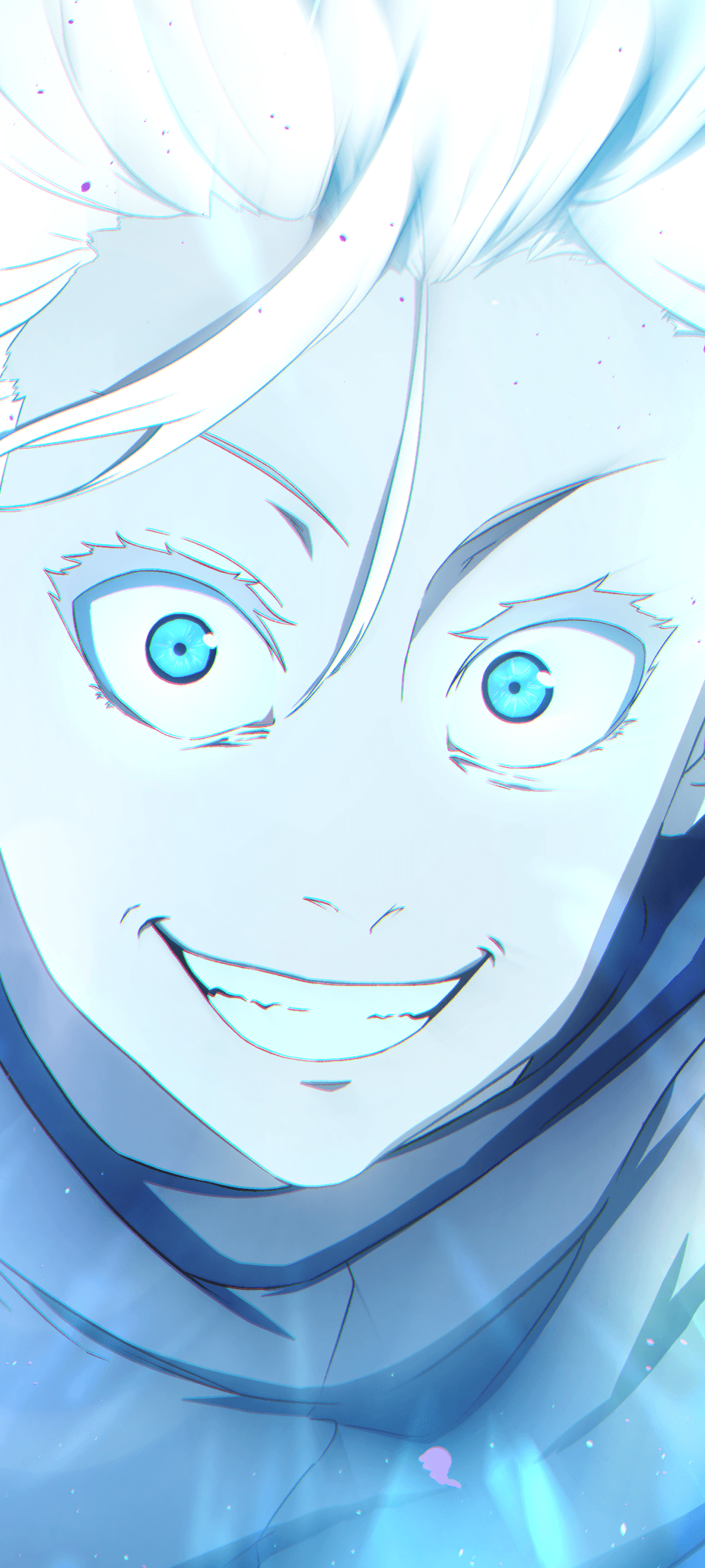 The image features an extreme close-up portrait of Satoru Gojo from Jujutsu Kaisen, focusing on his intense facial expression. He is depicted with vibrant, glowing cyan eyes and a wide, confident grin that reveals his teeth. His signature white hair is swept upward, appearing almost luminous against the bright background. The character wears a dark high-collared jacket, though only the neck area is visible due to the tight framing. The artistic style utilizes heavy bloom and light effects to create a sense of overwhelming power and energy. The overall atmosphere is one of intense excitement and supernatural dominance, rendered in a cool, monochromatic blue palette.