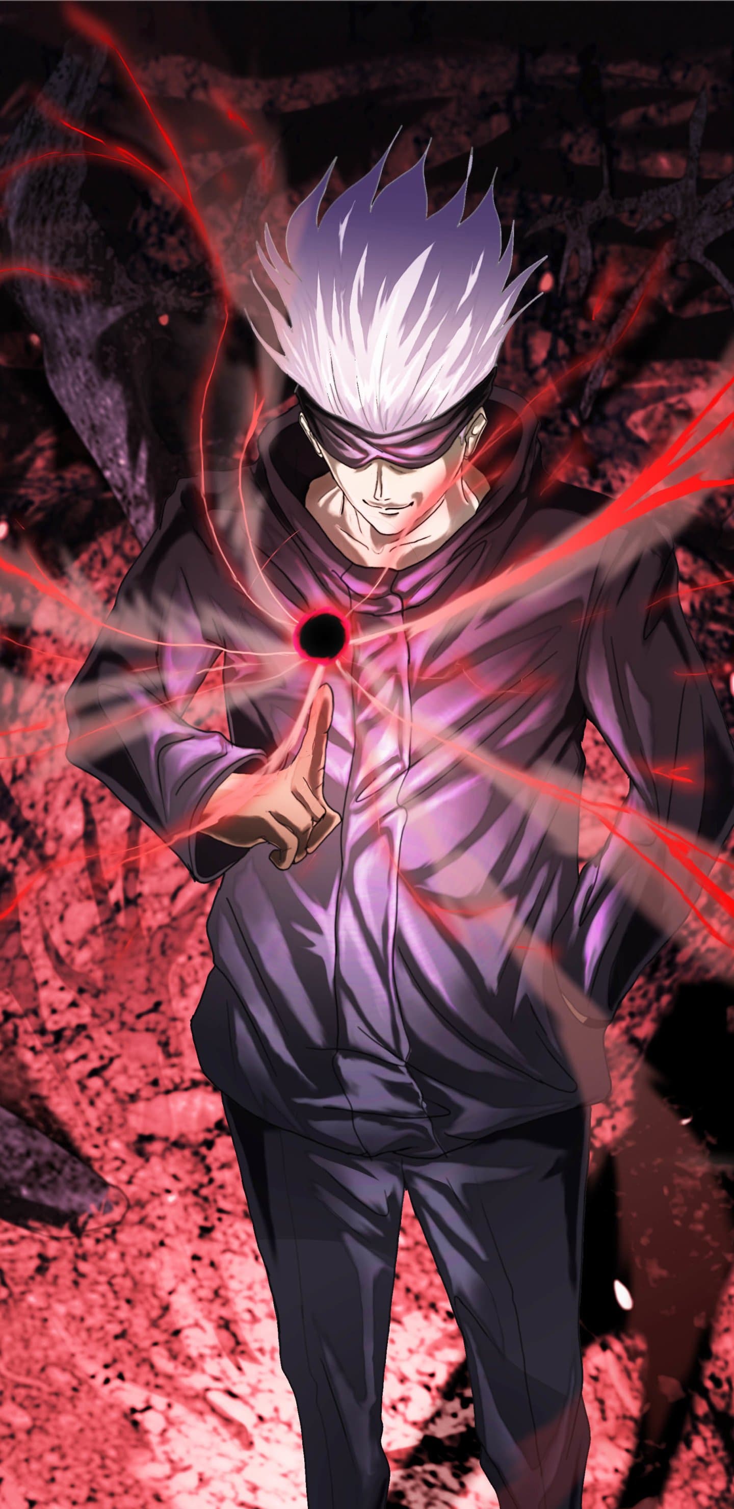 The image features Satoru Gojo from Jujutsu Kaisen, depicted in his signature high-collared dark navy sorcerer uniform and black blindfold. He is captured in a powerful stance, pointing a single finger upward to manifest a concentrated orb of dark energy known as 'Cursed Technique Reversal: Red.' His spiky white hair is rendered with sharp, dynamic lines that contrast against the dark, textured background. The environment is a chaotic, dark landscape filled with organic, root-like structures bathed in a deep crimson glow. The artistic technique utilizes high-contrast digital painting with intense rim lighting to emphasize the character's form and the energy of the attack. The overall atmosphere is intense, supernatural, and authoritative, reflecting the character's immense power and confidence.