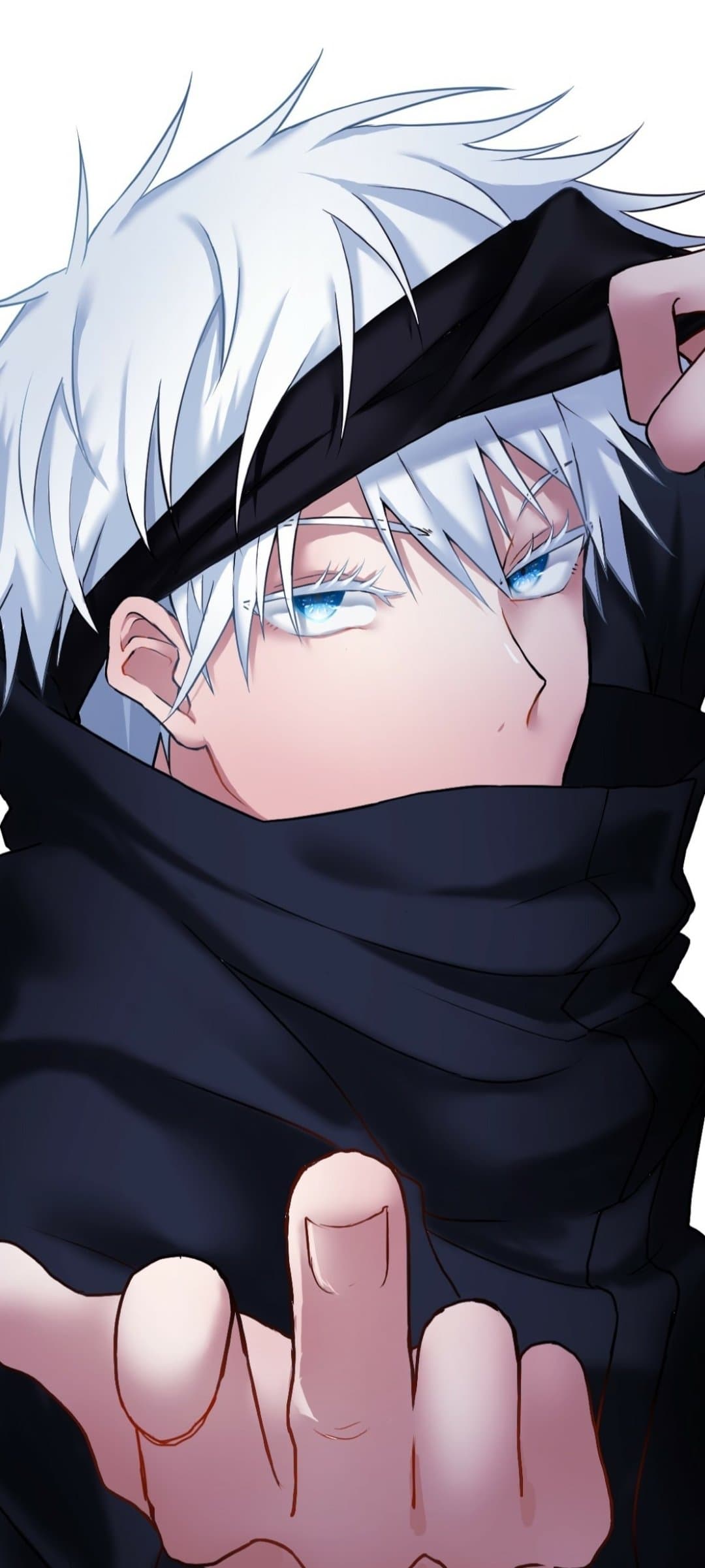 The image features a close-up portrait of Satoru Gojo, characterized by his striking snow-white hair and vibrant, crystalline blue eyes. He is depicted wearing his signature high-collared black jacket which covers his neck, and he is shown lifting a black blindfold from his forehead to reveal his gaze. His right hand is positioned in the foreground, slightly out of focus, adding a sense of depth to the composition. The artistic style utilizes clean, sharp line work and smooth cel-shading, typical of modern high-quality digital anime illustrations. The background is a stark, minimalist white, which serves to emphasize the character's cool color palette and intense expression. The overall mood is one of calm confidence and powerful intensity, capturing a pivotal moment of focus.