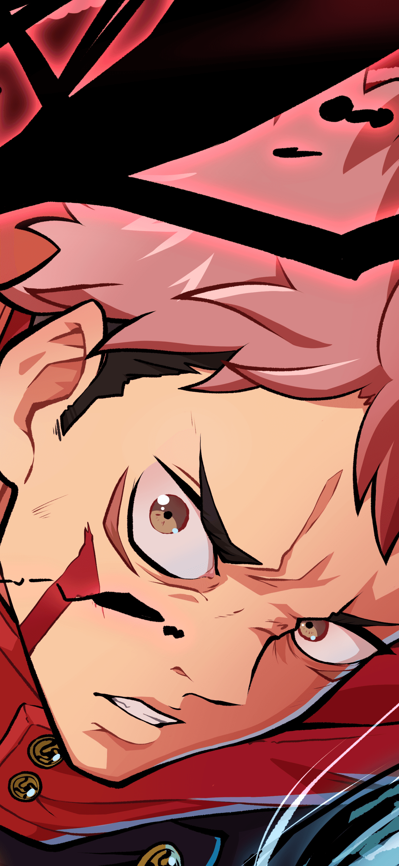 The image features a high-intensity close-up of Yuji Itadori, the protagonist of Jujutsu Kaisen, showcasing his signature spiky pink and black hair. He is wearing his standard dark blue jujutsu high school uniform with a prominent red hooded scarf, featuring gold circular buttons. His expression is one of extreme focus and determination, with furrowed brows and wide, intense brown eyes that capture a moment of battle. The composition uses sharp, dynamic line work and bold cel-shading to emphasize the tension in his facial features and the movement of the scene. A red, jagged energy effect or blood splatter graphic cuts across his face, adding to the combat-oriented atmosphere. The overall mood is tense and action-packed, typical of a high-stakes shonen battle sequence.