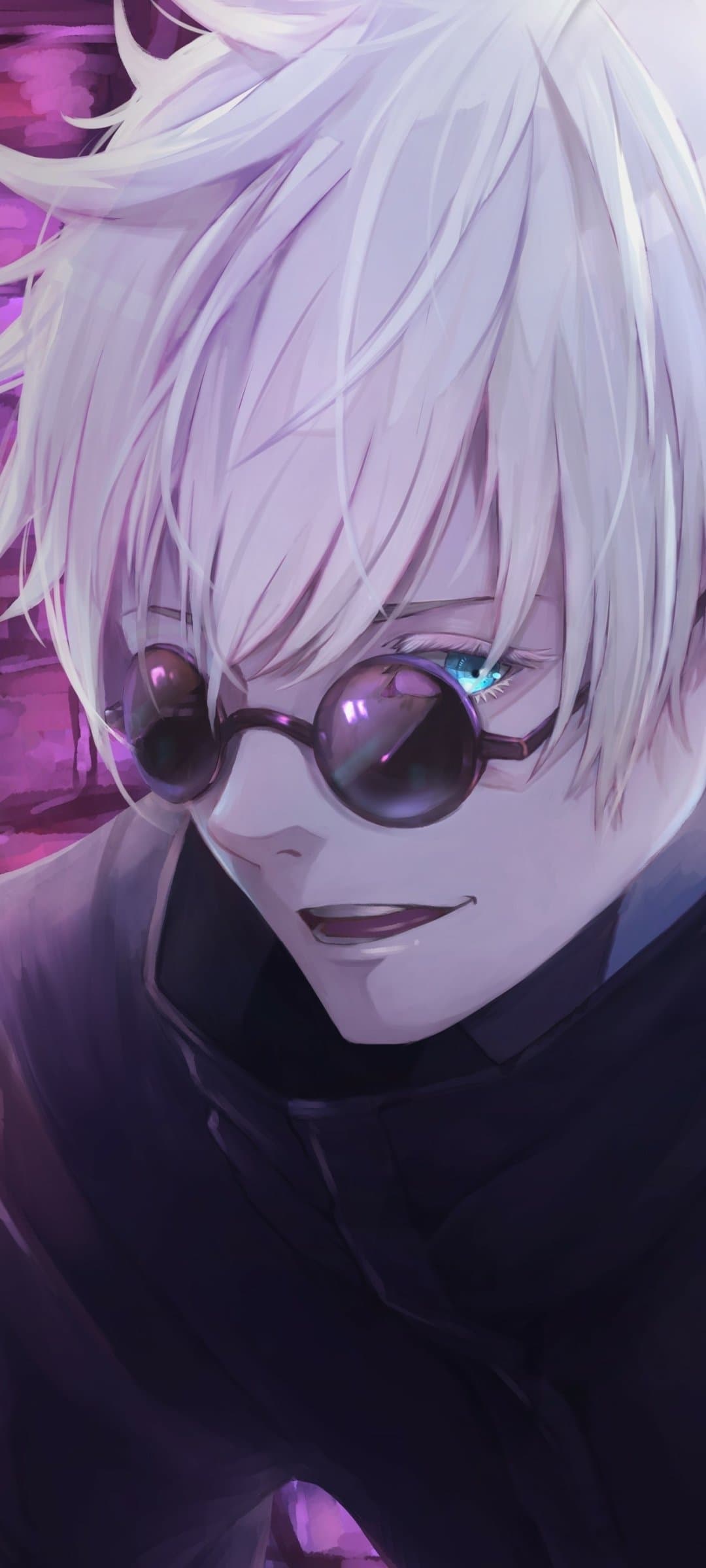 The image features a close-up portrait of Satoru Gojo from Jujutsu Kaisen, characterized by his striking white, spiky hair and a single visible bright blue eye peeking over dark circular sunglasses. He is wearing a high-collared, dark navy or black jacket that covers his neck and torso completely, maintaining a very modest appearance. The character is depicted with a slight, confident smirk, leaning forward into the frame which creates a sense of engagement with the viewer. The background is a blurred urban setting with vibrant purple and magenta neon lighting that reflects off his hair and glasses. The artistic technique utilizes soft digital painting with smooth gradients and sharp highlights on the hair strands and the iris of the eye. The overall atmosphere is cool, mysterious, and charismatic, emphasizing the character's powerful presence.