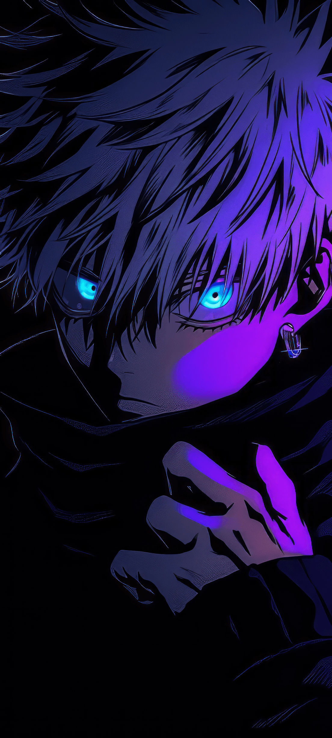 The image features a close-up portrait of Satoru Gojo from Jujutsu Kaisen, characterized by his signature spiky white hair and striking, luminous blue eyes. He is wearing a high-collared dark jacket or uniform that covers his neck and torso, with one hand partially visible near his face in a contemplative or ready pose. The character's expression is intense and focused, with the glowing 'Six Eyes' serving as the primary light source in an otherwise dark composition. The artistic style utilizes heavy shadows and high-contrast lighting, specifically neon purple and cyan highlights, to create a dramatic and modern digital aesthetic. The background is almost entirely black, which emphasizes the character's features and the vibrant energy emanating from his eyes. The overall atmosphere is powerful, mysterious, and cool, capturing a moment of high tension or significant power usage.