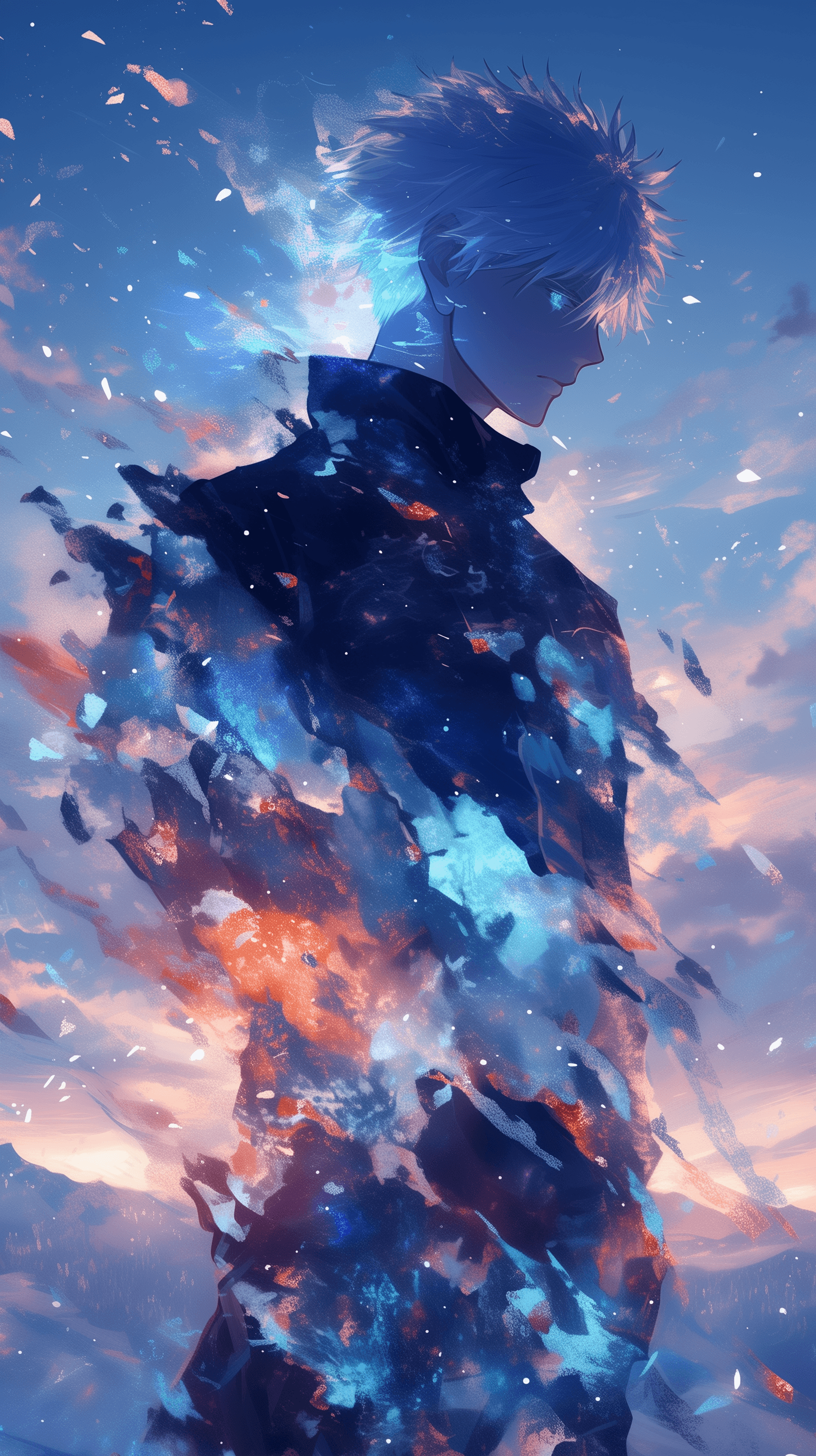 The image features a male character with spiky white hair and a glowing blue eye, bearing a strong resemblance to Satoru Gojo. He is dressed in a dark, high-collared jacket that appears to be disintegrating or merging into a cosmic, painterly void. The character is shown in a side profile, looking downward with a calm yet somber expression. The background is a breathtaking twilight sky filled with soft clouds, distant mountains, and floating petals or energy fragments. The art utilizes a sophisticated digital painting technique, blending sharp character lines with expressive, textured brushstrokes that mimic nebulae and stardust. The overall atmosphere is ethereal and melancholic, evoking a sense of powerful solitude and transcendence.