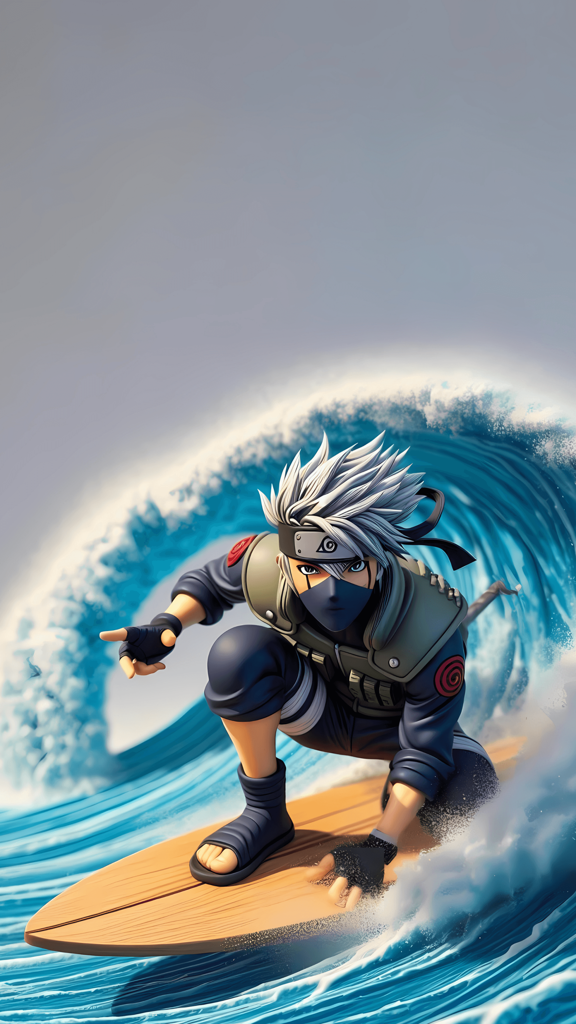 The image features the character Kakashi Hatake from the Naruto series, depicted in a unique surfing scenario. He is wearing his signature Konoha flak jacket over a dark blue jumpsuit, complete with his forehead protector and face mask. Kakashi is captured in a dynamic, low-crouched athletic pose on a wooden surfboard, balancing with one hand near the board's surface. The background is dominated by a massive, stylized blue cresting wave with white sea foam, creating a sense of high-speed motion. The artistic style utilizes 3D CGI rendering with smooth textures and soft gradients, giving the character a high-quality figurine-like appearance. The overall atmosphere is energetic and adventurous, blending traditional ninja aesthetics with modern extreme sports.