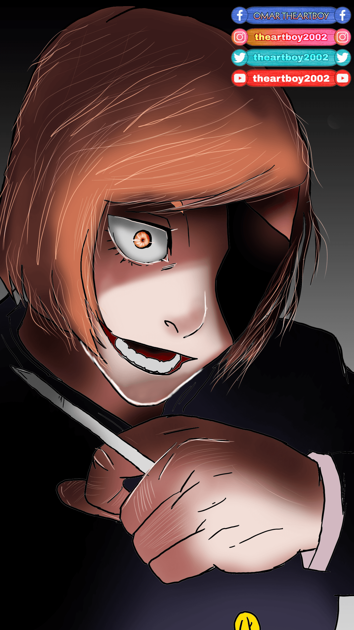 The image features a close-up portrait of Nobara Kugisaki from Jujutsu Kaisen, characterized by her short ginger hair and intense orange eyes. She is wearing her standard dark high-collared school uniform, which provides full coverage. The character is depicted in a dynamic, aggressive pose, leaning forward with a wide, manic grin that reveals her teeth. She holds one of her signature metal nails in the foreground, suggesting she is in the middle of a battle or preparing a technique. The artistic style uses high-contrast digital painting with heavy shadows cast across half of her face to emphasize a dark, intense mood. The background is a simple, dark gradient that keeps the focus entirely on the character's fierce expression and action.