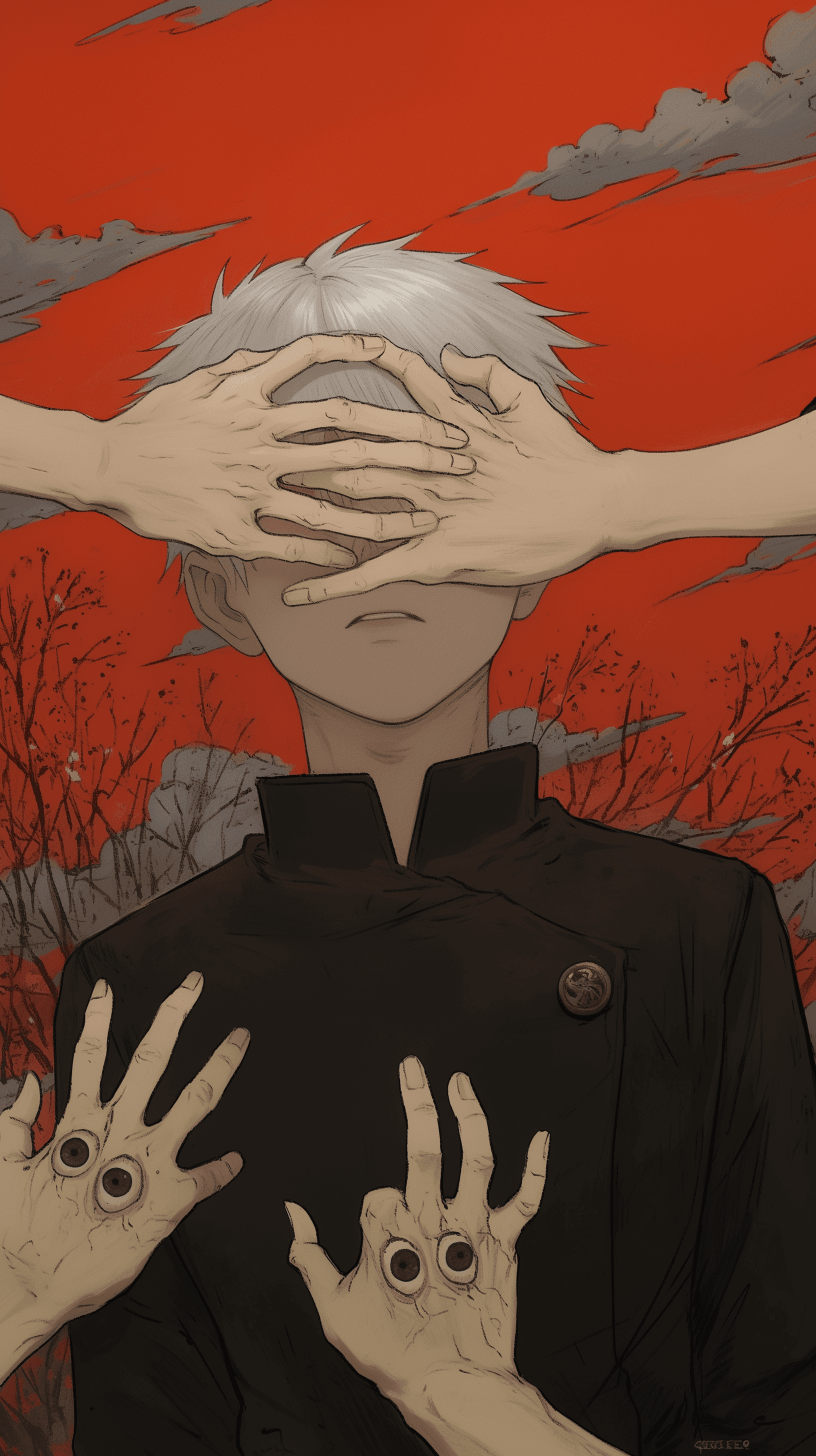 The image features a young male character with short, spiky white hair, identified as Satoru Gojo from Jujutsu Kaisen, wearing a high-collared dark navy or black jujutsu high uniform. He is depicted in a centered, medium shot with his eyes covered by two pale, slender hands reaching in from the sides, while two additional hands with surreal eyeballs embedded in their palms appear in the foreground. The background is a striking, saturated red sky filled with dark, wispy clouds and the silhouettes of barren, leafless trees, creating a stark contrast with the subject. The artistic technique utilizes clean line work and a muted, desaturated color palette for the character, which pops against the vibrant red backdrop. The overall atmosphere is eerie, mysterious, and psychologically intense, suggesting themes of hidden sight or supernatural burden. The composition is symmetrical and focused, drawing the viewer's attention directly to the unsettling interaction between the hands and the character.