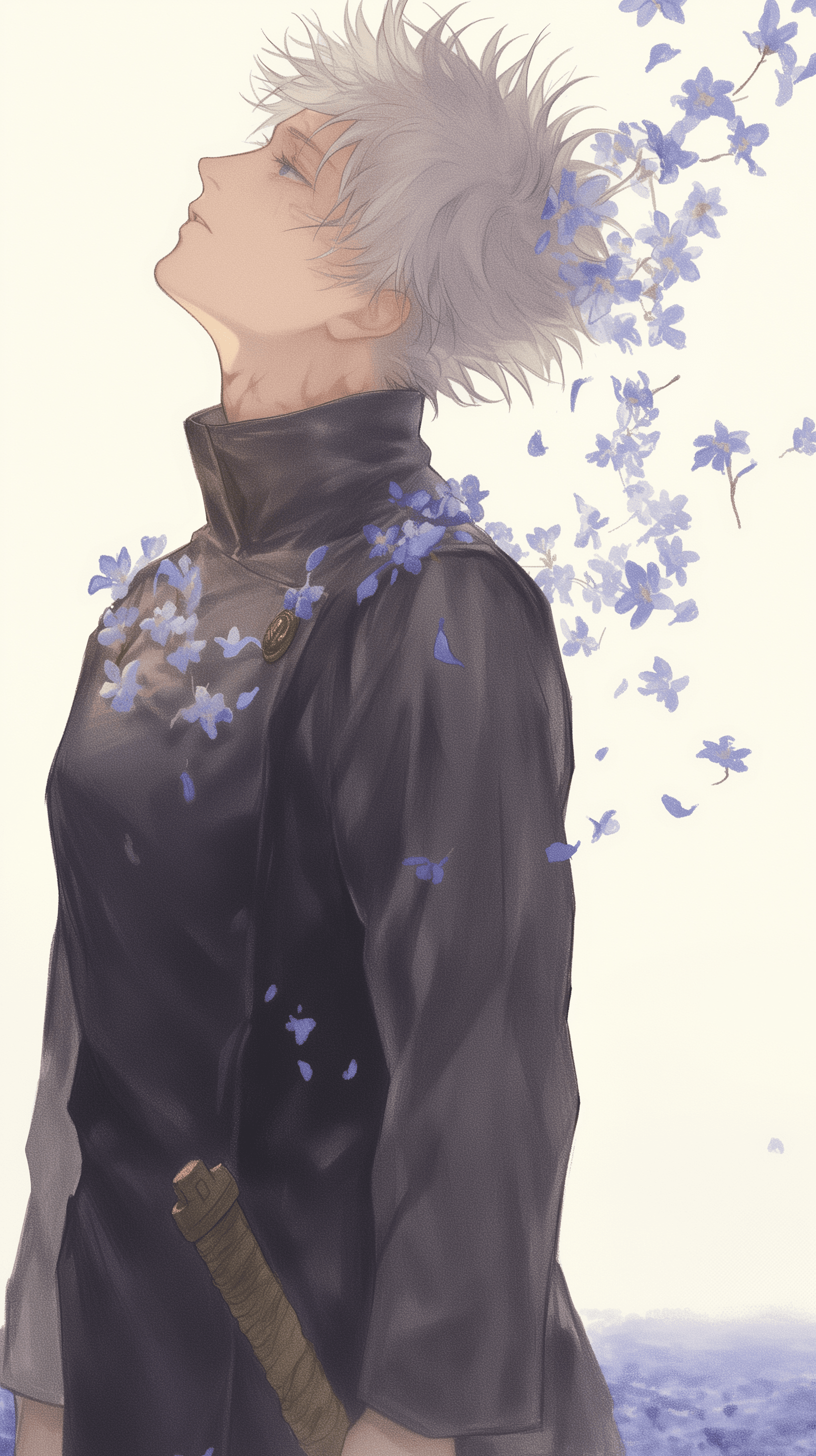 The image features a male character with spiky, white hair and pale blue eyes, dressed in a high-collared, dark navy or black tactical uniform. He is depicted in a side profile, tilting his head upward toward the sky with a serene and contemplative expression. Small, vibrant blue flowers and petals appear to be growing from or floating around his hair and shoulders, creating a surreal and poetic visual. The background is a minimalist, off-white cream color that transitions into a soft blue wash at the bottom, emphasizing the subject. The art style utilizes soft, painterly textures and delicate line work, particularly in the rendering of the hair and the fabric of the uniform. The overall atmosphere is one of quiet melancholy and ethereal beauty, evoking a sense of peace or remembrance.
