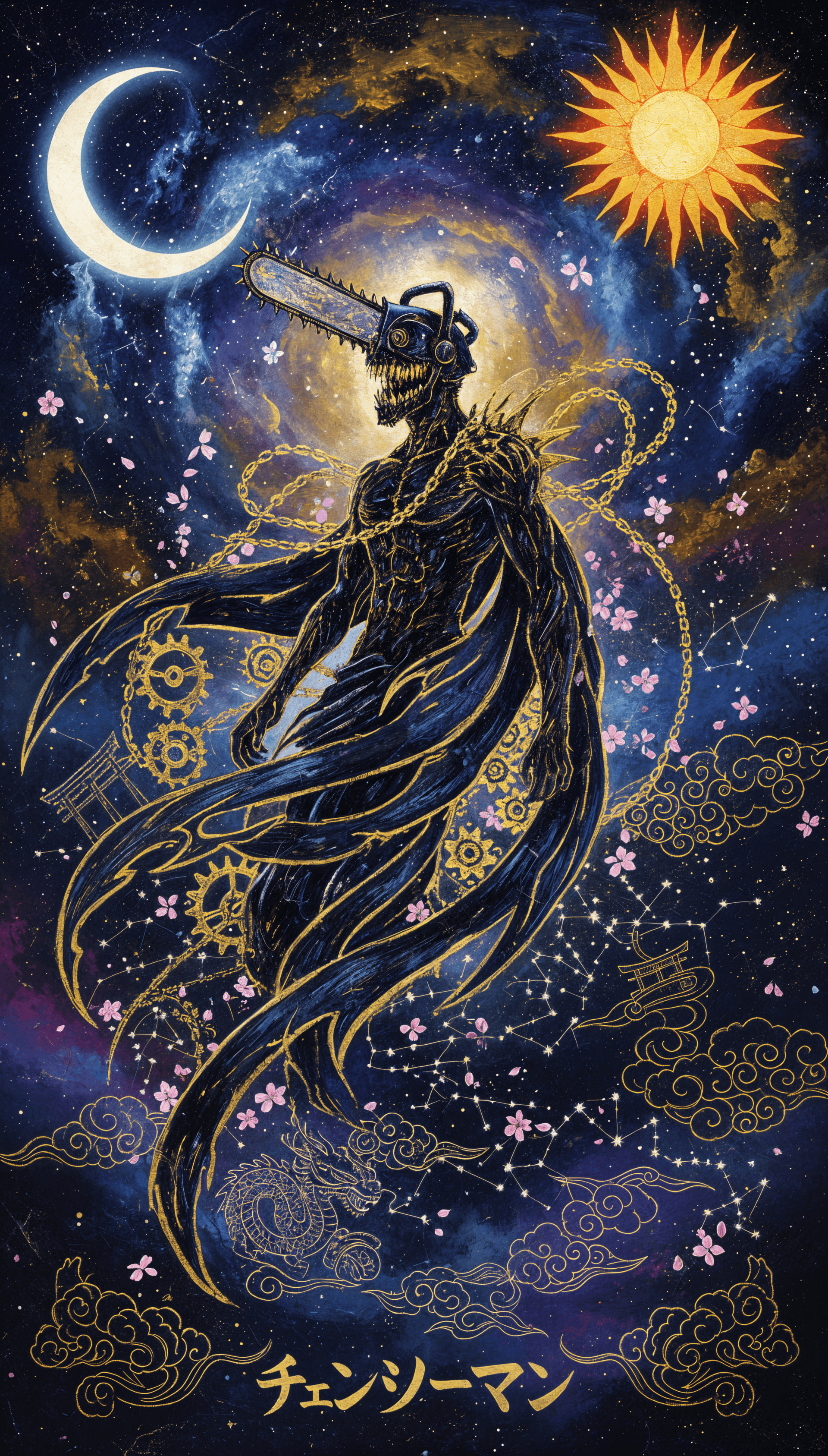 The image features the 'Hero of Hell' form of Chainsaw Man, a dark, biomechanical entity with a chainsaw protruding from its head and four muscular arms. The character is depicted in a powerful, floating profile pose, wrapped in golden chains that swirl around its dark, textured body. The setting is a cosmic, ethereal void filled with a vibrant nebula, a crescent moon, a radiant sun, and various celestial constellations. Artistic techniques include a painterly, textured style reminiscent of traditional oil on canvas, combined with intricate gold-leaf-style line work for the gears, dragons, and clouds. The overall atmosphere is epic, mythological, and intensely surreal, blending dark fantasy elements with cosmic beauty.