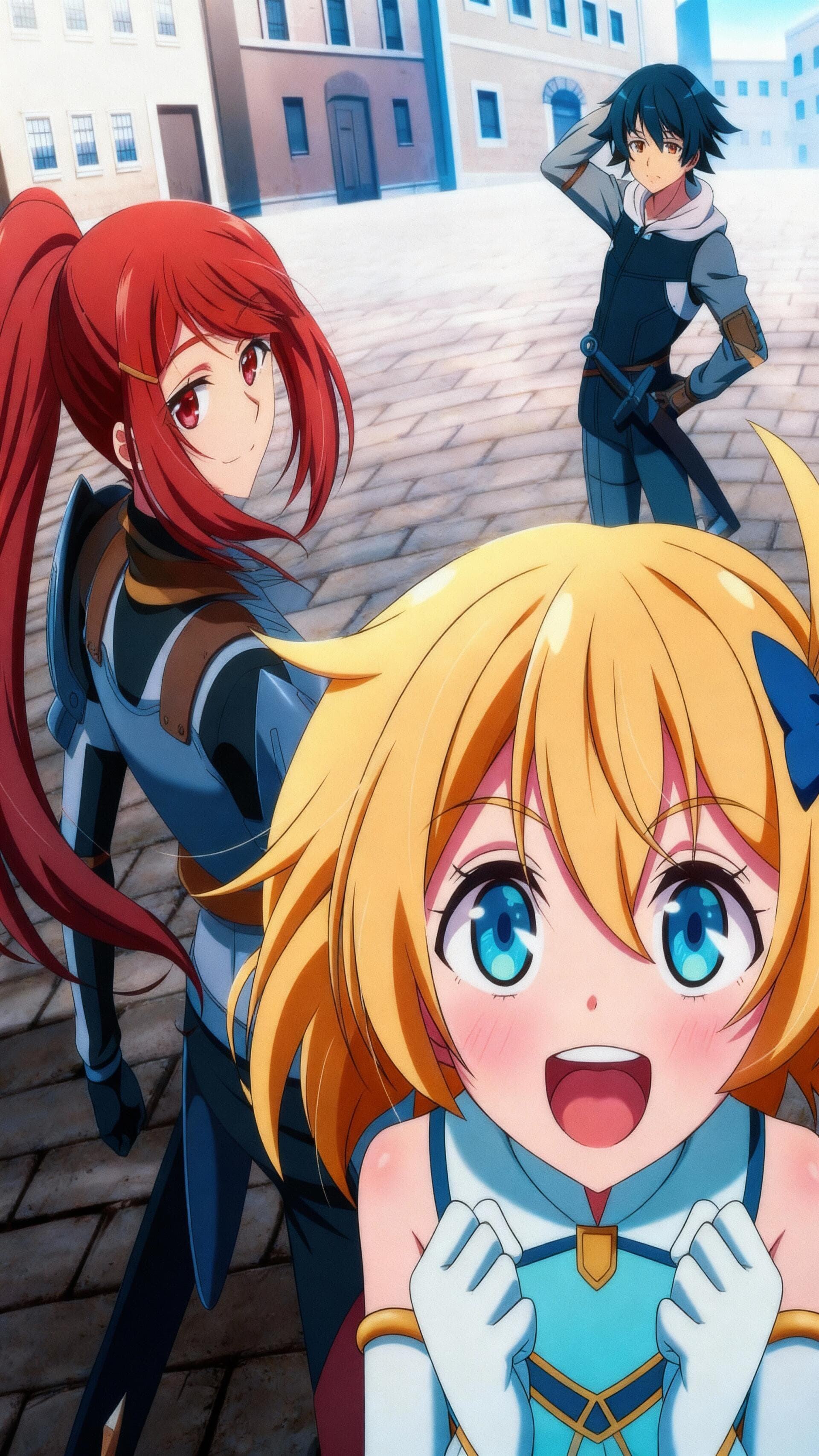 The image features three anime-style characters in a fantasy setting, with a young blonde girl in the foreground expressing great excitement. She wears a blue and white sleeveless tunic with gold accents and white gloves, her large blue eyes sparkling with joy. Behind her to the left stands a woman with long red hair tied in a high ponytail, wearing blue and grey light armor and looking back with a gentle smile. In the background, a dark-haired young man in a hooded blue tunic and trousers stands with a sword at his hip, gesturing toward his head. The setting is a sunlit cobblestone street lined with European-style buildings, suggesting a peaceful town square. The art utilizes clean digital lines and vibrant cel-shading, creating a cheerful, adventurous, and wholesome atmosphere.