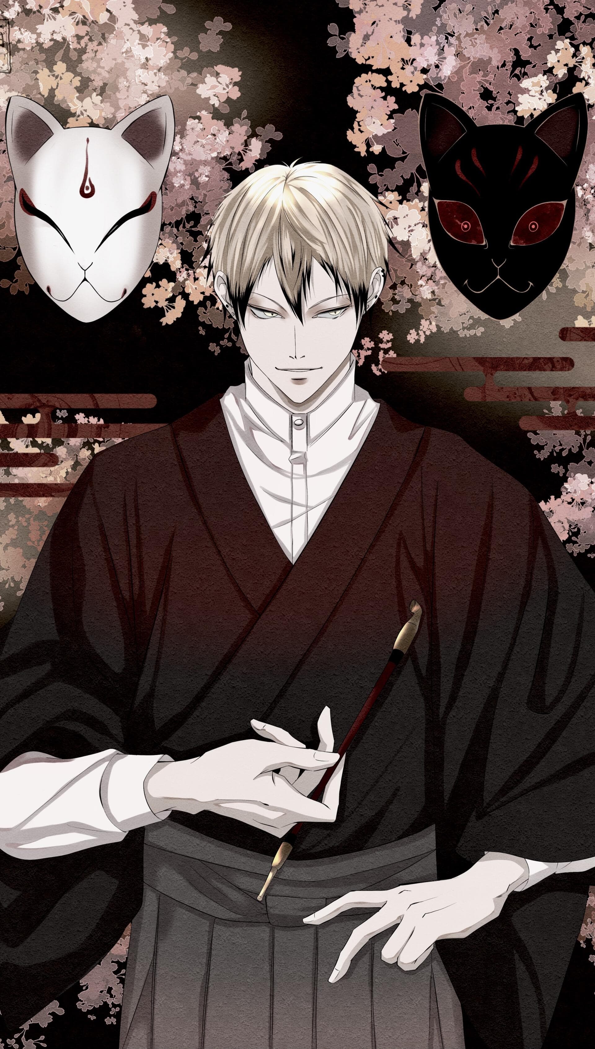 The image features a young man with short, light-blonde hair and sharp, light-colored eyes, dressed in traditional Japanese attire consisting of a dark brown kimono over a high-collared white shirt and grey hakama. He is depicted in a centered, medium-shot pose, holding a long, slender kiseru (traditional pipe) with elegant hand gestures. Flanking his head are two stylized kitsune masks—one white and one black—which add a mystical or supernatural element to the composition. The background is a rich, dark canvas adorned with delicate pink cherry blossoms and traditional Japanese cloud patterns, creating a layered and textured environment. The artistic style is modern digital with clean lines and sophisticated cel-shading, emphasizing a polished and professional aesthetic. The overall atmosphere is mysterious and calm, carrying a sense of quiet authority and traditional elegance.