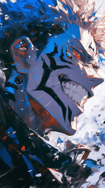 The image features a high-intensity close-up of Ryomen Sukuna from Jujutsu Kaisen, characterized by his signature facial markings and a menacing, wide-toothed grin. He is depicted in a dynamic side profile, showcasing a dual-toned aesthetic where one side of his face and hair is bathed in vibrant electric blue while the other retains his natural light-pink hair and red eyes. The character wears a dark, high-collared garment that covers the neck, emphasizing his sharp jawline and aggressive expression. The artistic technique utilizes a painterly, chaotic digital style with heavy brushstrokes, splatters, and sharp geometric shards that suggest movement and raw power. The background is an abstract, bright white space filled with debris and color streaks, creating a high-contrast environment. The overall atmosphere is aggressive, chaotic, and intimidating, capturing a moment of villainous triumph or intense combat.
