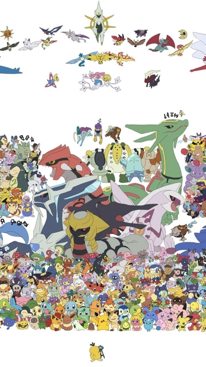 This expansive digital illustration features a massive ensemble of creatures from the Pokémon franchise, arranged in a dense, tiered composition. The lower section is crowded with smaller, iconic species like Pikachu, Bulbasaur, and Charmander, while the mid-ground is dominated by large legendary figures such as Groudon, Dialga, Palkia, and Rayquaza. In the upper portion, various flying and celestial entities like Arceus and the Legendary Birds soar against a stark white background. The art style utilizes clean, thin line work and flat cel-shading, staying true to the classic 2D anime aesthetic. A humorous detail at the very bottom shows a Psyduck operating a camera on a tripod, suggesting it is taking a group photo of the entire collection. The overall mood is nostalgic, celebratory, and incredibly vibrant, capturing the vast diversity of the series' creature designs.