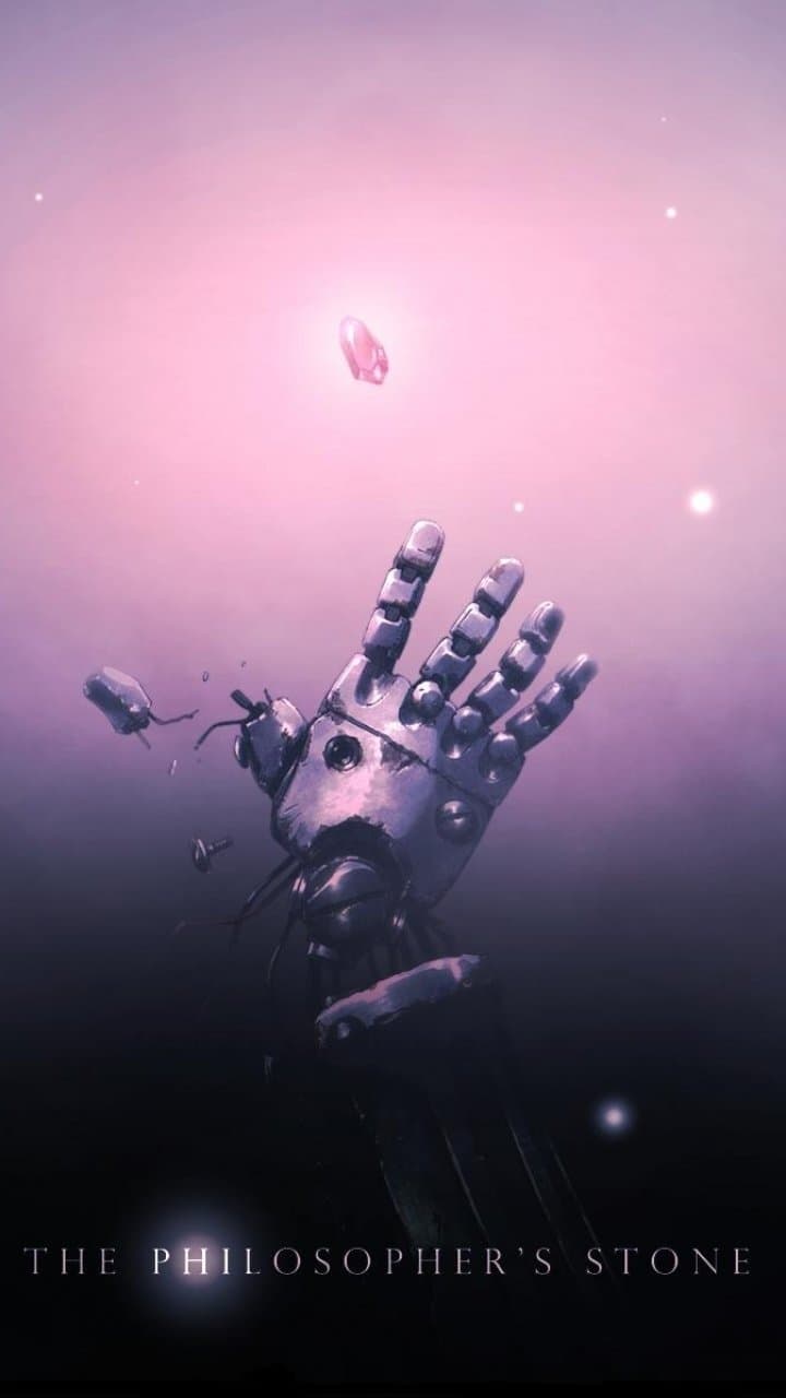 The image features a detailed mechanical automail hand reaching upward toward a glowing red gem, identified by the text as the Philosopher's Stone. The metallic hand appears damaged and weathered, with visible bolts, wires, and a detached thumb floating nearby, suggesting a moment of intense struggle or sacrifice. The background is a soft, ethereal gradient of deep purple and misty pink, punctuated by small, glowing orbs of light that resemble distant stars or embers. The artistic technique utilizes a painterly digital style with soft textures and dramatic rim lighting that highlights the metallic contours of the prosthetic. The overall atmosphere is one of longing, sacrifice, and melancholic determination, capturing a pivotal thematic element from the source material. The composition is vertical and centered, making it ideal for a mobile wallpaper.