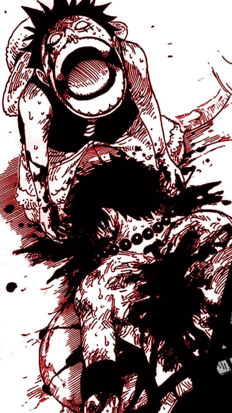 This intense manga panel depicts Monkey D. Luffy in a state of extreme emotional shock and grief, hunched over the fallen body of Portgas D. Ace. Luffy is shown with his mouth wide open in a silent, traumatized scream, his eyes rolled back, and sweat or tears streaming down his face. He wears his signature straw hat hanging by its string and a dark vest, while Ace lies in the foreground with visible injuries and blood splatter rendered in a stark red and black palette. The setting is a chaotic battlefield, indicated by the rough, hatched lines and debris-filled background. The artistic technique utilizes heavy cross-hatching and high-contrast ink work to emphasize the visceral pain of the moment. The overall atmosphere is one of profound tragedy, despair, and overwhelming emotional intensity.