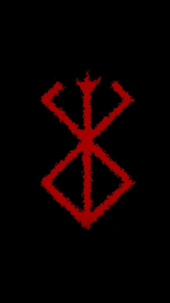 The image features a singular, iconic symbol known as the Brand of Sacrifice from the Berserk series, rendered in a deep crimson red. The symbol is positioned centrally against a solid, pitch-black background, creating a stark and high-contrast visual. The edges of the red sigil are textured with a rough, painterly, or slightly blurred effect, suggesting it was branded or painted with a visceral quality. There are no characters or environments present, focusing entirely on the graphic minimalism of the mark. The artistic technique emphasizes a gritty, dark fantasy aesthetic through its simple yet bold color palette. The overall atmosphere is ominous, mysterious, and carries a heavy sense of foreboding or dark destiny.