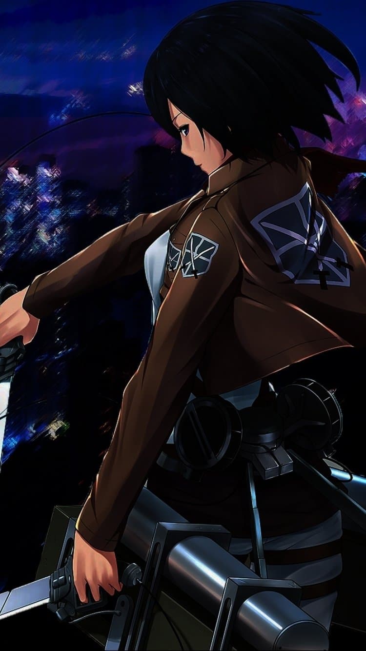 The image features a young woman with short, dark hair, identified as Mikasa Ackerman, dressed in a complete military uniform consisting of a brown cropped jacket, a light-colored shirt, and dark trousers. She is depicted in a dynamic side profile, holding a specialized dual-blade hilt while equipped with complex mechanical gear around her waist and thighs. The setting is a dark, nocturnal urban environment with blurred city lights in the background, suggesting high-altitude movement or flight. The artistic technique utilizes sharp digital lines and high-contrast cel shading to emphasize the metallic textures of her equipment and the folds of her clothing. The overall atmosphere is serious, determined, and intense, capturing a moment of focused readiness during a night mission. The lighting is dramatic, with a cool blue rim light highlighting her silhouette against the deep shadows of the night.