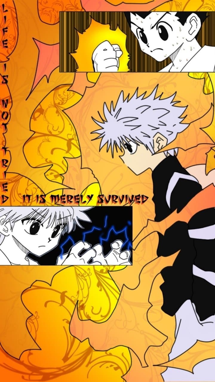This image is a fan-made digital collage featuring characters Gon Freecss and Killua Zoldyck from the Hunter x Hunter series. The central figure is Killua in a profile view, wearing his signature high-collared dark long-sleeved shirt over a lighter undershirt. Above him, a smaller panel shows Gon with a determined, sweating expression and a clenched fist glowing with golden energy. Another panel displays Killua's hands crackling with blue electricity, representing his lightning-based abilities. The background is a vibrant, abstract composition of orange and yellow flame-like shapes with subtle floral filigree patterns. The overall mood is intense and determined, emphasized by the quote 'Life is not tried, it is merely survived' written in a stylized gothic font.