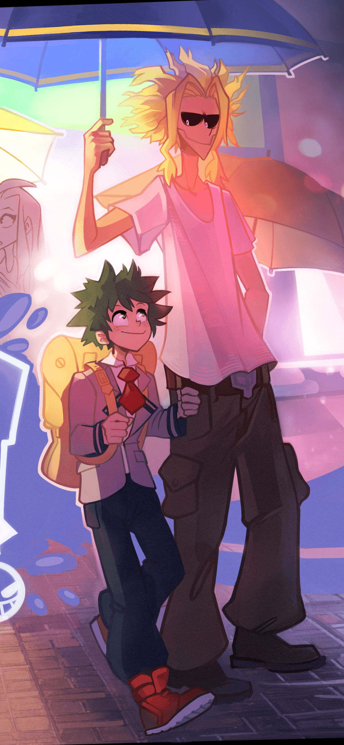 The image features two male characters, Izuku Midoriya and Toshinori Yagi (All Might) from My Hero Academia, walking together on a rainy city street. Izuku is dressed in his formal U.A. High School uniform, complete with a grey blazer, red tie, and a large yellow backpack, while Toshinori appears in his 'True Form' wearing an oversized white t-shirt and baggy cargo pants. Toshinori holds a large blue umbrella over both of them, looking down with a gentle expression while Izuku looks up at him with a bright, admiring smile. The setting is a detailed urban sidewalk at dusk or night, with wet cobblestones reflecting the vibrant city lights and other blurred pedestrians in the background. The art style is modern digital with sharp line work and a unique use of soft, glowing light that creates a warm, purple and pink-hued atmosphere. The overall mood is heartwarming and peaceful, emphasizing the mentor-student bond between the two characters.