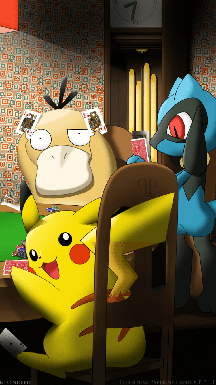 This digital illustration features three iconic Pokémon—Pikachu, Psyduck, and Riolu—engaged in a playful game of poker within a cozy, retro-styled room. Pikachu sits in the foreground on a wooden chair, looking back with a joyful expression, while a confused Psyduck balances playing cards on its head in the background. Riolu stands to the right, intently studying its hand of cards near a large grandfather clock. The setting is detailed with patterned wallpaper, a green felt card table, and poker chips, creating a whimsical parody of classic 'Dogs Playing Poker' paintings. The artistic style uses clean digital lines and soft gradients to provide depth, while the lighting mimics a warm, indoor lamp-lit environment. The overall mood is humorous, peaceful, and nostalgic, capturing a charming moment of camaraderie between the characters.