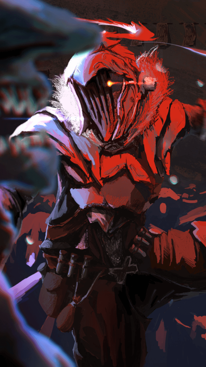 The image features the character Goblin Slayer, a warrior clad in full, weathered plate armor with a distinctive slitted helmet and a white fur collar. He is depicted in a dynamic combat stance, with a glowing red trail emanating from his eye, signifying intense focus or a special ability. The setting appears to be a dark, cavernous environment or a dungeon, with the blurred silhouette of a monstrous creature in the foreground. The artistic technique utilizes a painterly, expressive style with visible brushstrokes and high-contrast lighting that emphasizes the metallic texture of the armor. The overall atmosphere is gritty, intense, and action-oriented, conveying a sense of grim determination and high-stakes fantasy combat.