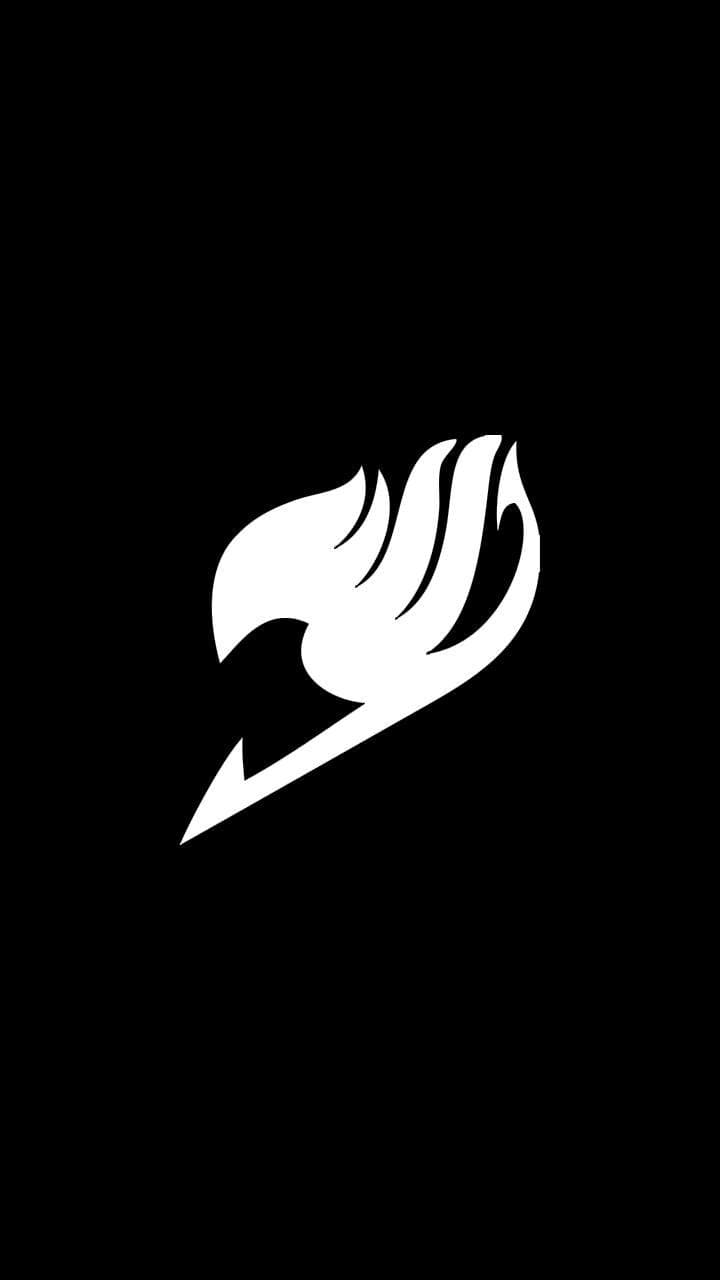 The image features the iconic guild emblem from the anime series Fairy Tail, presented as a stark white graphic against a solid black background. The emblem itself is a stylized, bird-like creature with a sharp, hooked tail and flame-like wings or crests. There are no characters or human figures present in this minimalist composition. The artistic technique focuses on clean vector lines and high-contrast silhouette work to create a bold visual impact. The overall atmosphere is mysterious yet iconic, evoking a sense of belonging and adventure associated with the series. The simplicity of the design makes it an ideal choice for a clean, distraction-free mobile or desktop wallpaper.
