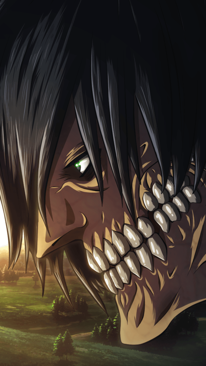 This high-impact illustration features a profile close-up of the Attack Titan, characterized by its distinctive exposed musculature and jagged, double-rowed teeth. The subject possesses long, dark, shaggy hair that frames a singular, glowing green eye filled with intense determination. The titan is positioned in the foreground, looming over a vast, sun-drenched landscape of rolling green hills and dense pine forests. The artistic technique utilizes sharp, clean line work and professional cel-shading that mimics the high-end production of modern TV anime. The overall atmosphere is epic and tense, capturing a moment of quiet ferocity against a serene, natural backdrop during the golden hour.