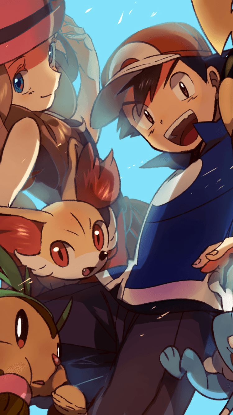 This vibrant illustration features Ash Ketchum and Serena from the Pokémon XY series, accompanied by the Kalos starter Pokémon: Fennekin, Chespin, and Froakie. Ash is depicted in his signature blue and white jacket and red cap, wearing a joyful, open-mouthed expression as he leans toward the camera. Serena stands beside him wearing her pink fashionable hat, looking on with a gentle and friendly smile. The characters are arranged in a dynamic, low-angle group shot that creates a sense of closeness and camaraderie. The art style utilizes warm, painterly shading and soft light glares to enhance the sunny, outdoor atmosphere. The overall mood is incredibly cheerful, energetic, and nostalgic, capturing a moment of friendship and adventure under a clear blue sky.