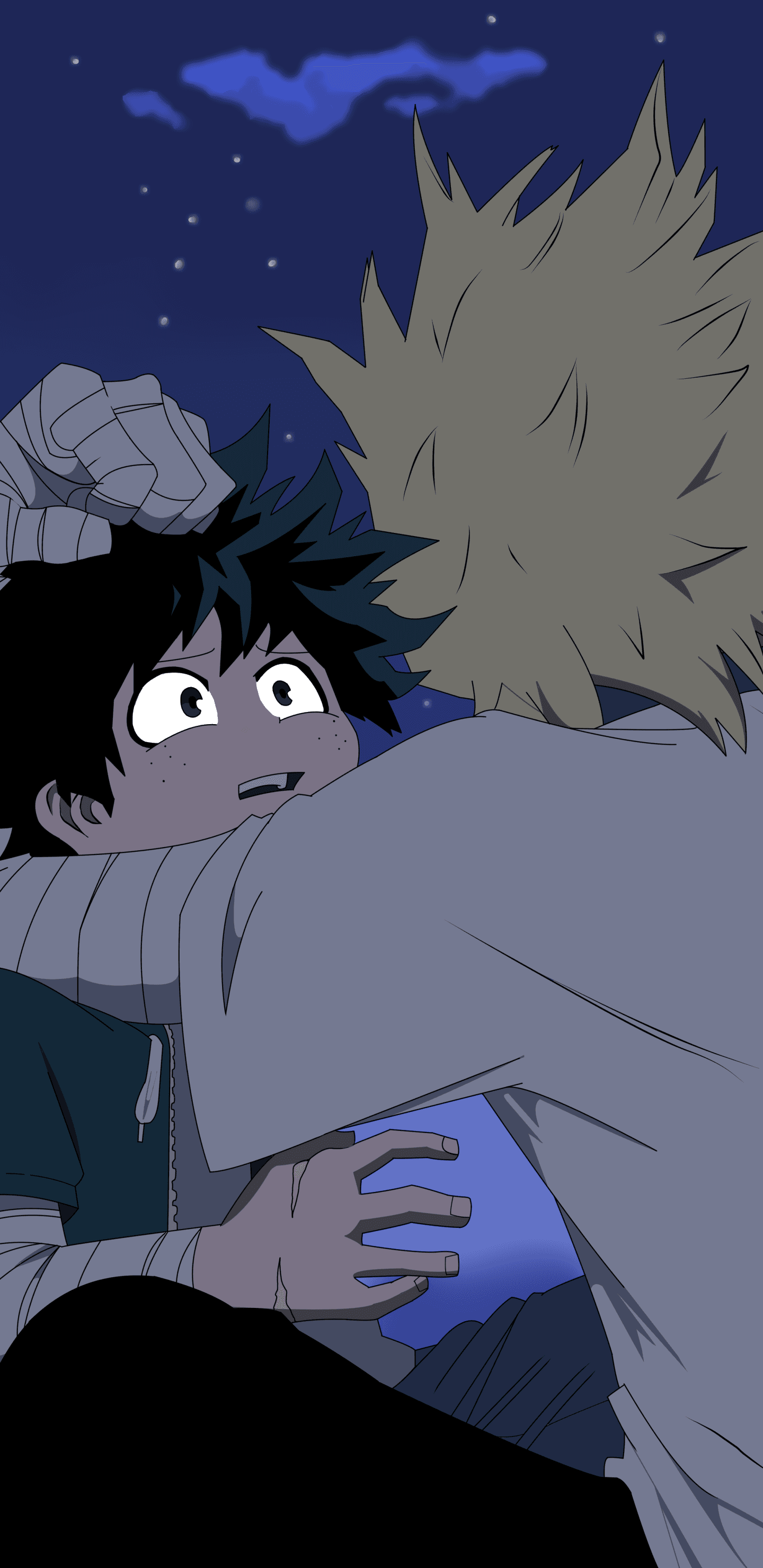 The image features two male characters from the My Hero Academia series, Izuku Midoriya and All Might, in a poignant moment. Izuku, with his signature messy dark green hair and freckles, is shown with a wide-eyed, emotional expression while wearing a dark hoodie and bandages on his arms. All Might is seen from behind, his large frame and spiky blonde hair dominating the right side of the frame as he places a comforting, bandaged hand on Izuku's head. The scene is set outdoors at night under a deep blue sky dotted with small, glowing stars and a single wispy cloud. The art style utilizes clean cel-shading and sharp line work characteristic of modern digital anime illustrations. The overall atmosphere is one of deep emotional connection, mentorship, and quiet vulnerability.