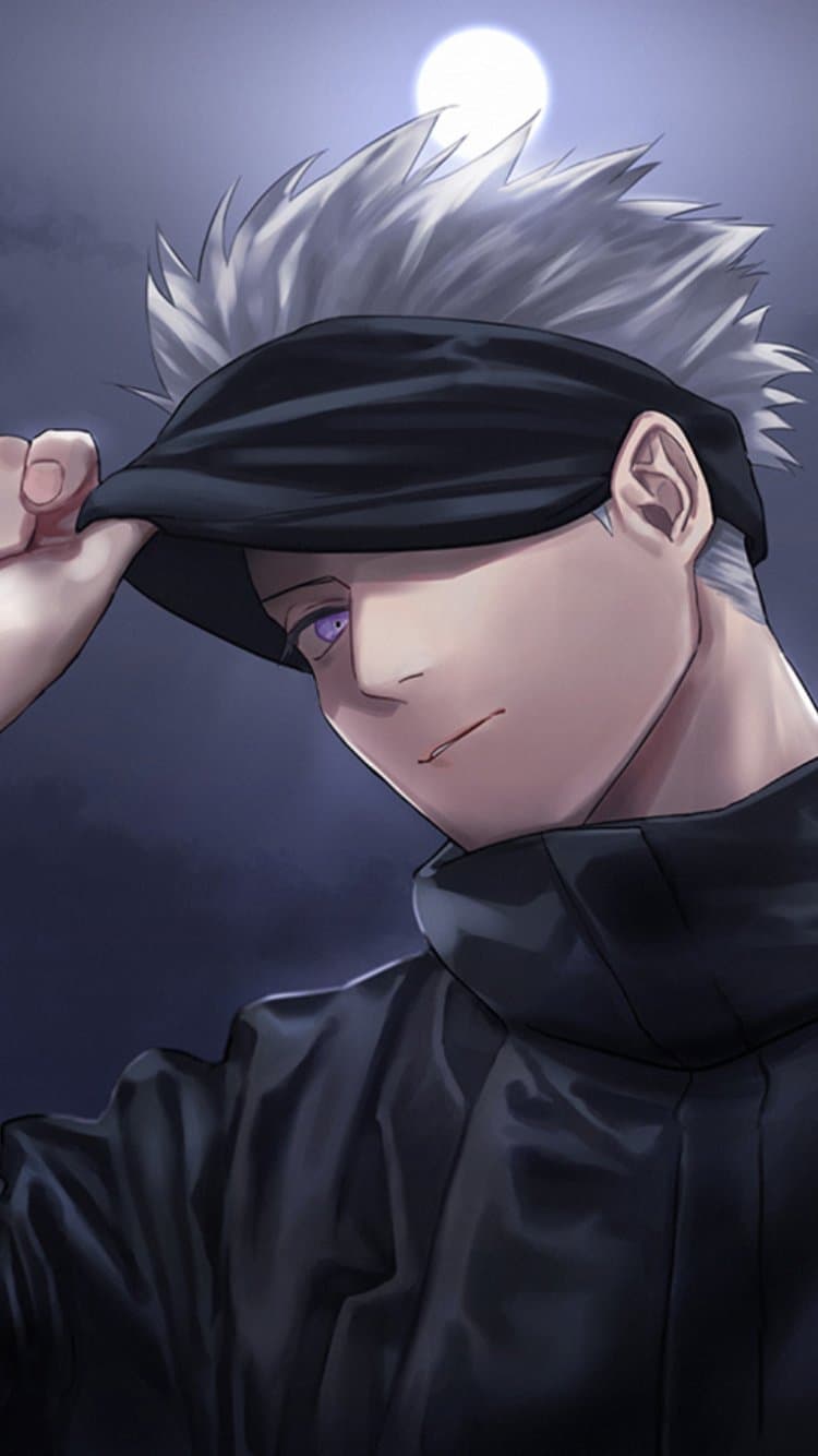 The image features Satoru Gojo from Jujutsu Kaisen, characterized by his spiky white hair and a single visible striking purple eye. He is wearing his signature high-collared dark blue jujutsu tech uniform, which provides full coverage of his torso and neck. The character is depicted in a medium portrait shot, lifting his black blindfold slightly with his right hand to reveal his eye. The setting is a dark, atmospheric night environment with a bright full moon positioned directly behind his head, creating a halo effect. The artistic style utilizes clean digital lines with smooth, painterly shading on the skin and fabric folds. The overall mood is mysterious and cool, emphasizing the character's calm confidence and supernatural power.
